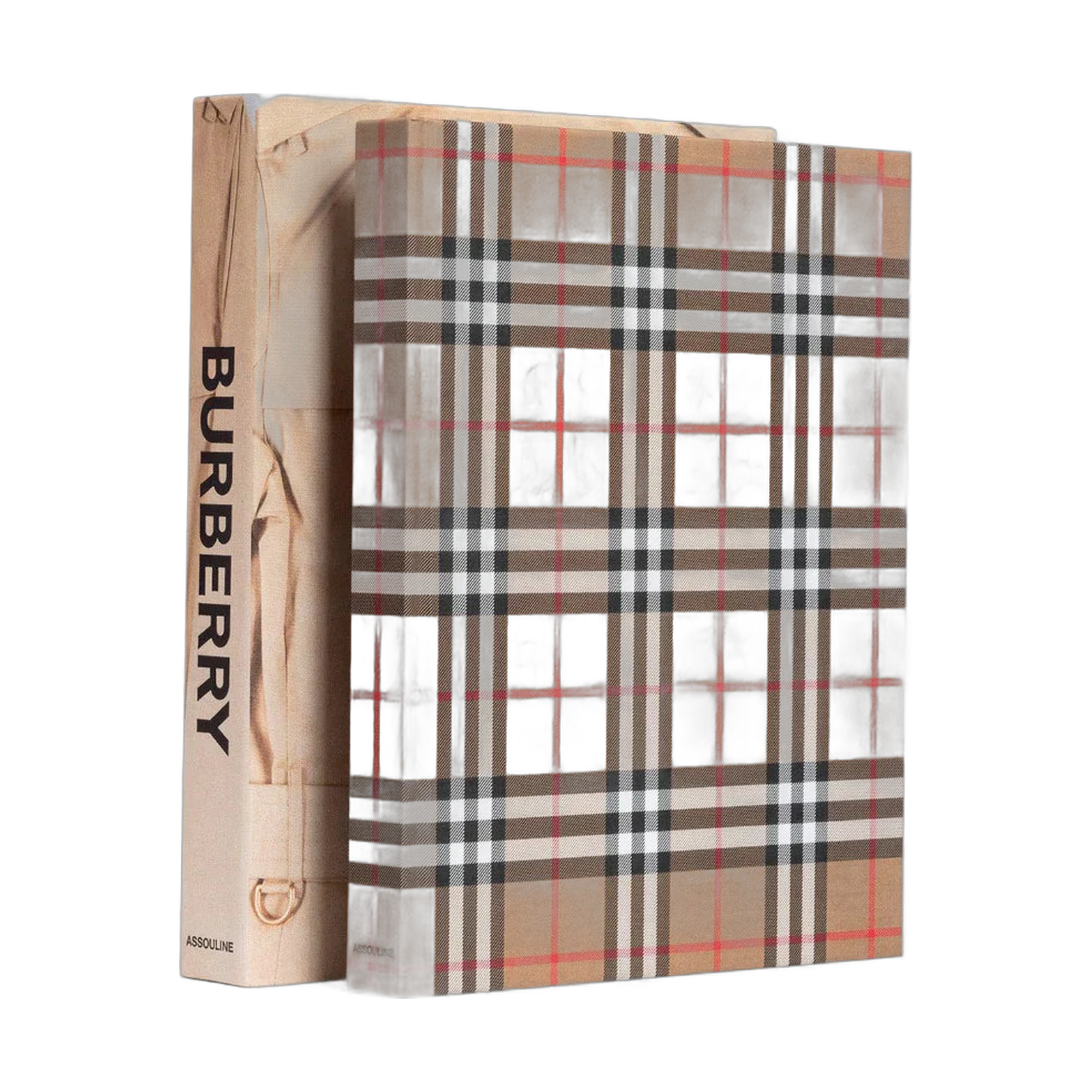 Set de libros decorativos Burberry: uno con logo y trench, otro con icónico estampado plaid.