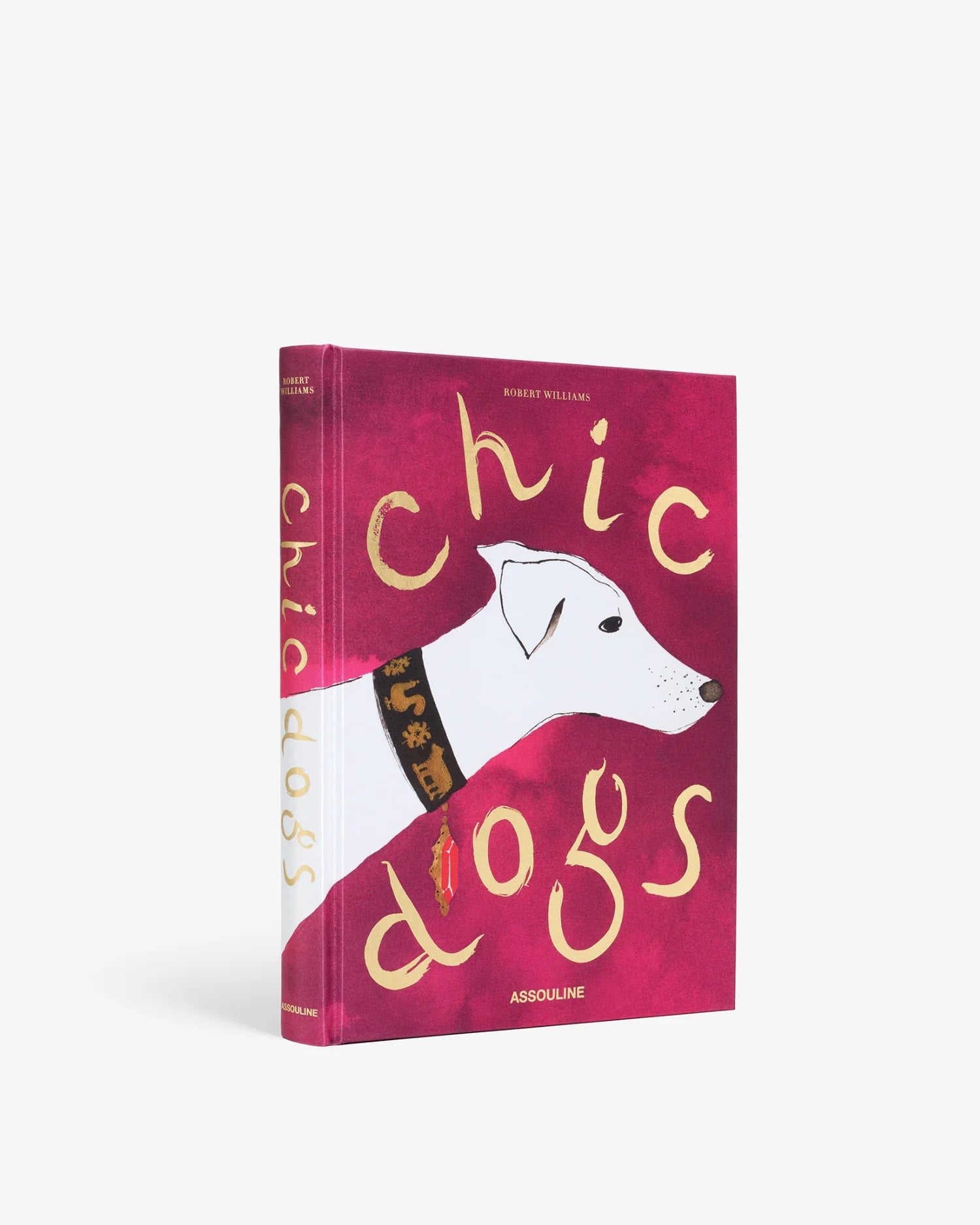 Libro de lujo Assouline Chic Dogs en magenta con perro galgo blanco y collar decorado.