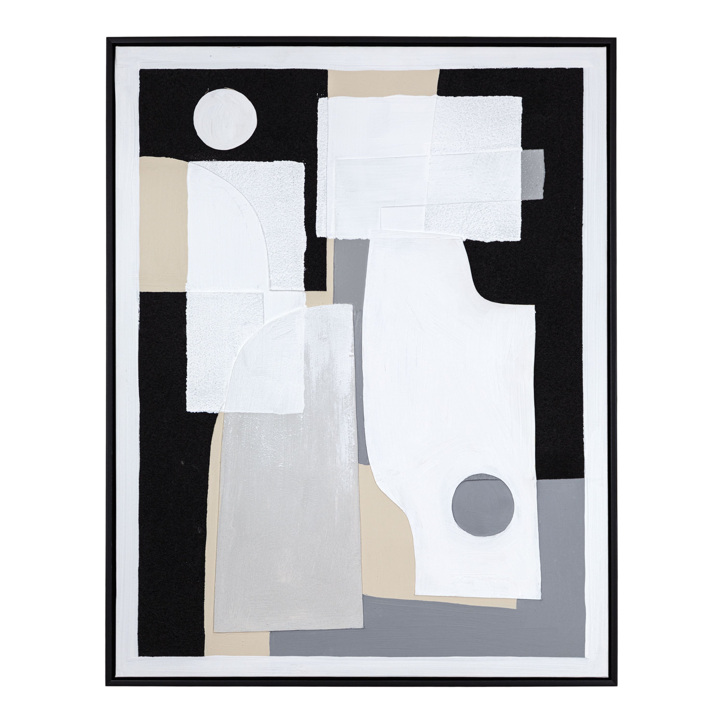 Cuadro de Vilá Decoración con diseño abstracto en lona polyester, colores blanco, negro, gris y beige, con marco de madera.