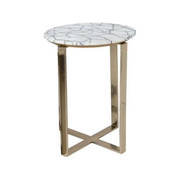 Mesa auxiliar redonda piedra blanca con base dorada - Vilá Decoración - Muebles y decoración en Medellín y Colombia