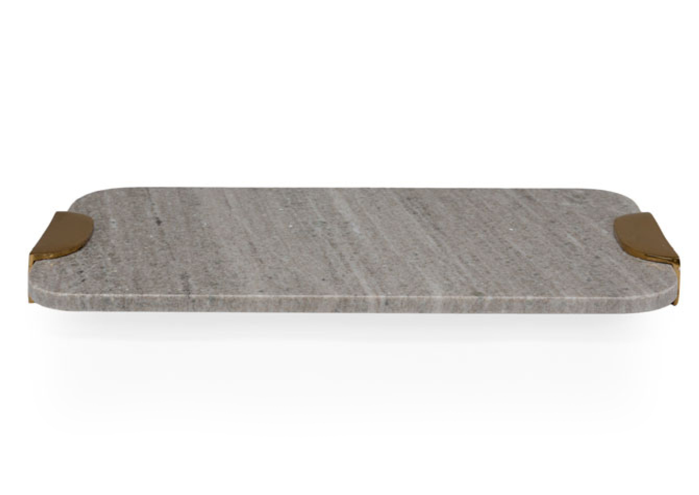 Bandeja rectangular de mármol gris con detalles de aluminio dorado, Vilá Decoración.