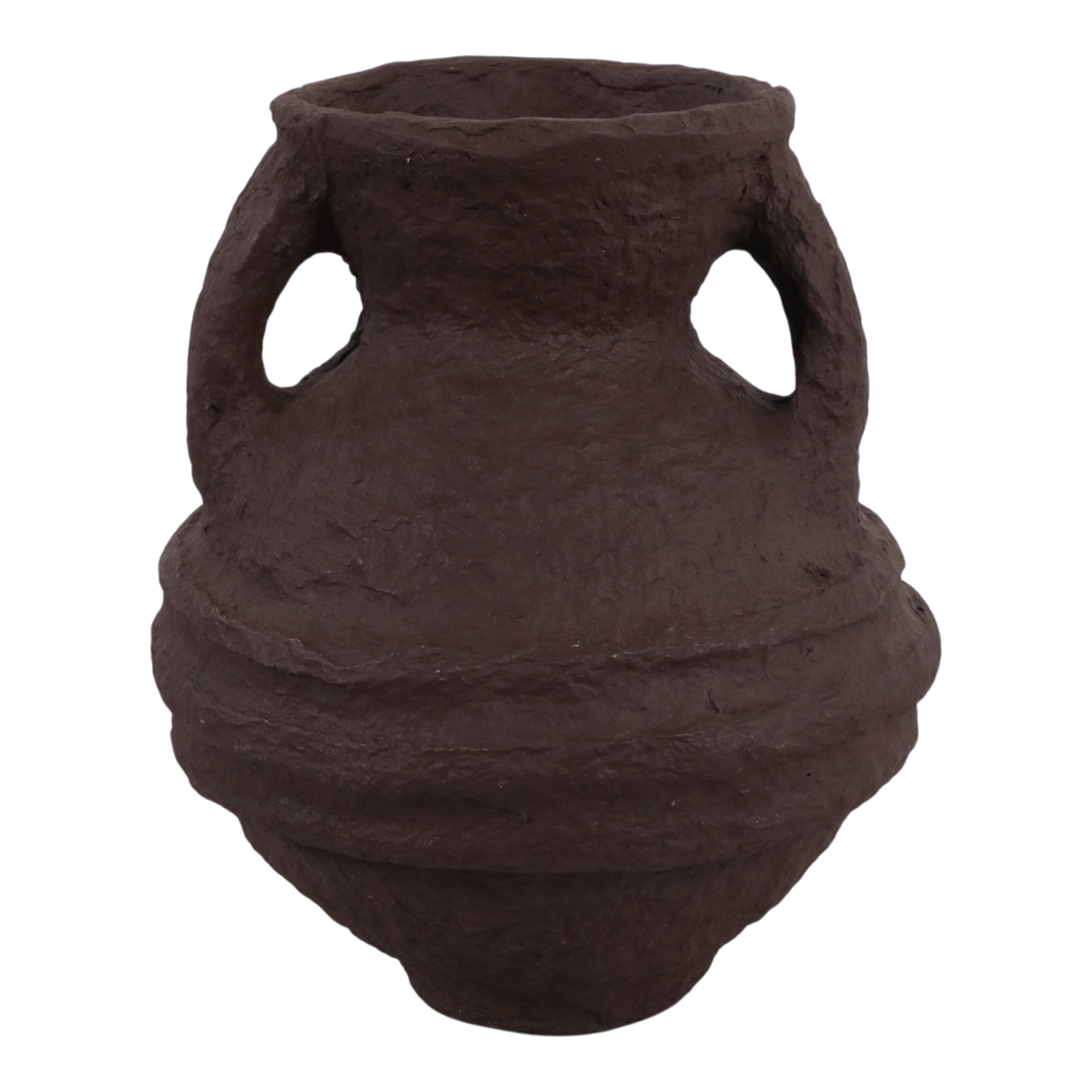 Jarrón decorativo artesanal marrón oscuro con textura rústica y asas, vista frontal sobre fondo blanco.