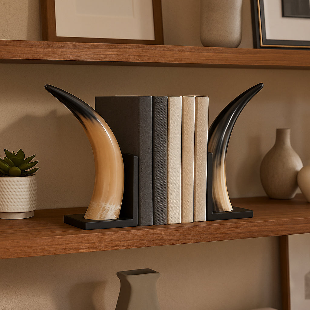 Sujetalibros de cuerno natural adornando una estantería de madera con libros y objetos decorativos.