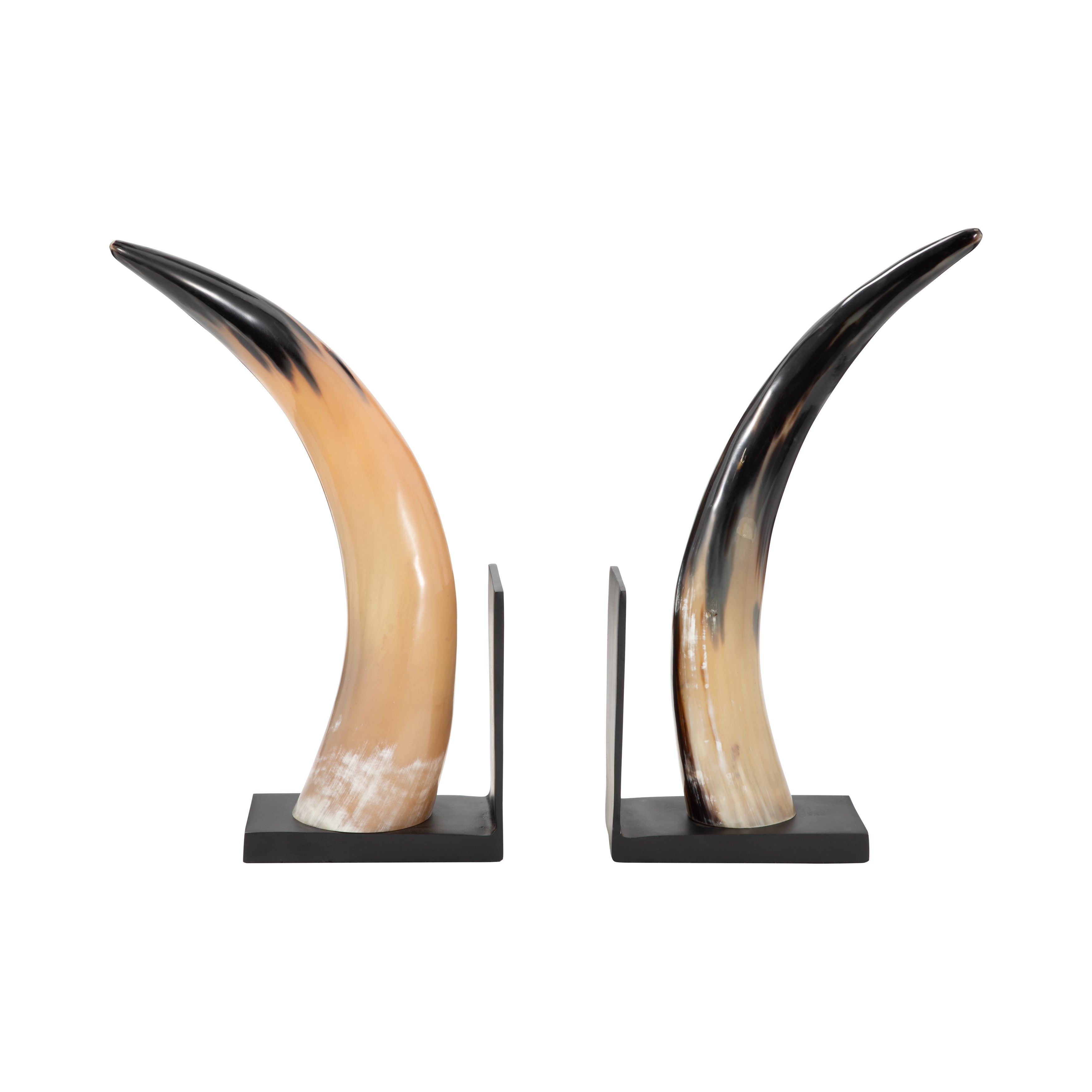 Par de sujetalibros de cuerno natural con bases oscuras, diseño elegante y moderno para librería.