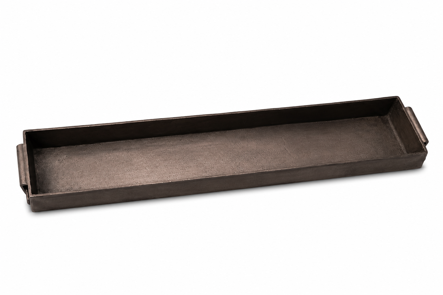 Bandeja decorativa larga de metal oscuro con asas, diseño minimalista y elegante para el hogar.