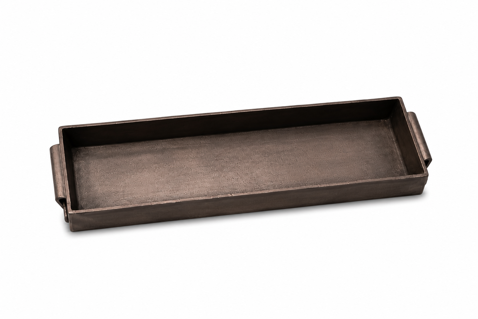 Bandeja rectangular larga de metal oscuro con asas laterales, vista superior.
