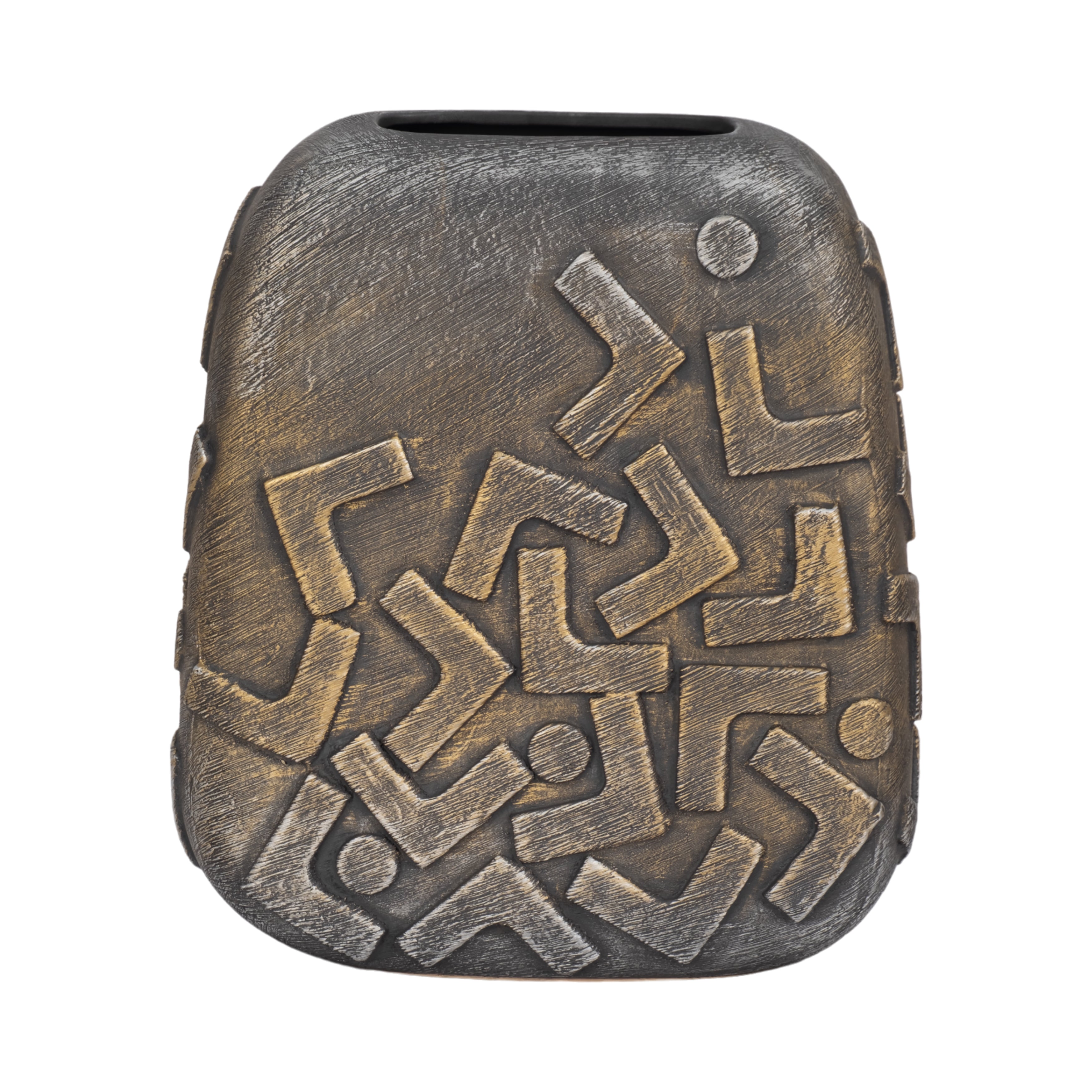 Jarrón decorativo moderno en tono bronce con textura rústica y patrón geométrico abstracto.