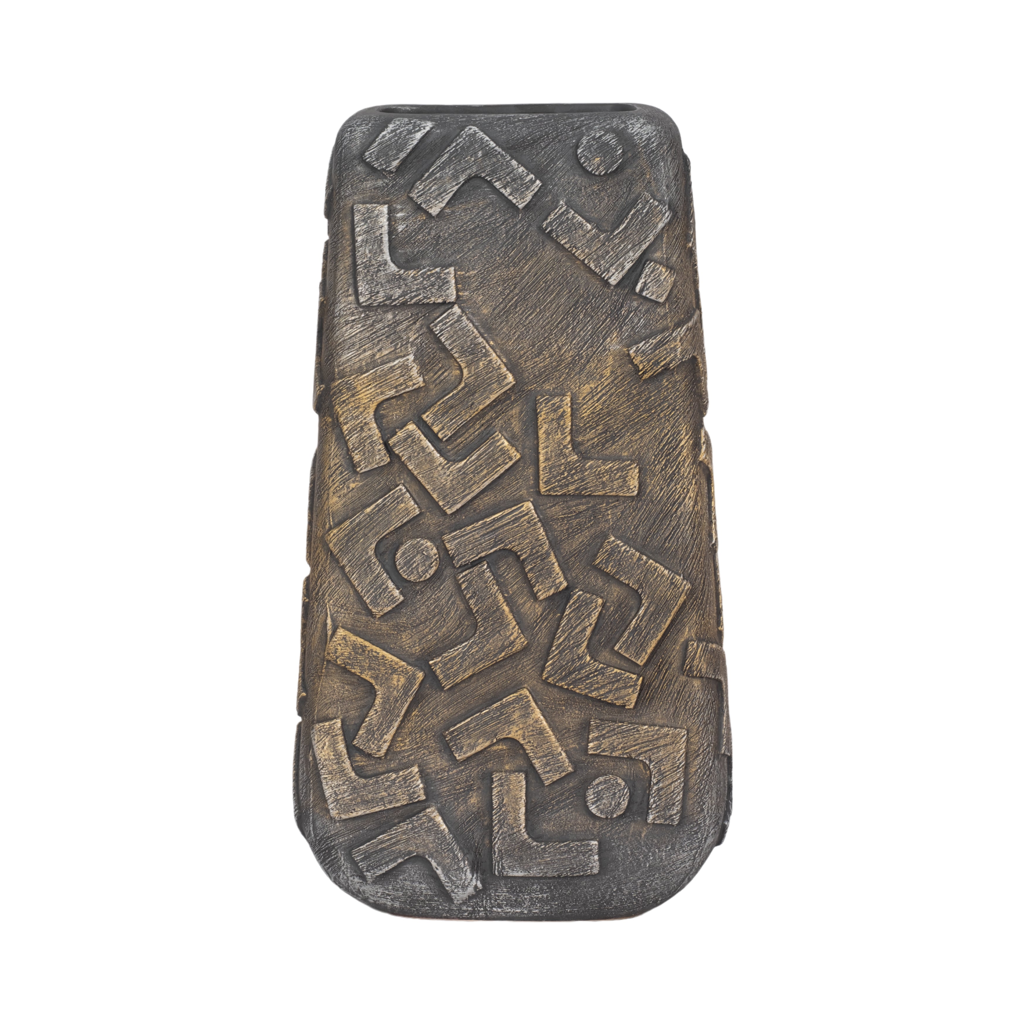 Jarrón decorativo metálico oscuro con patrón geométrico abstracto sobre fondo blanco.