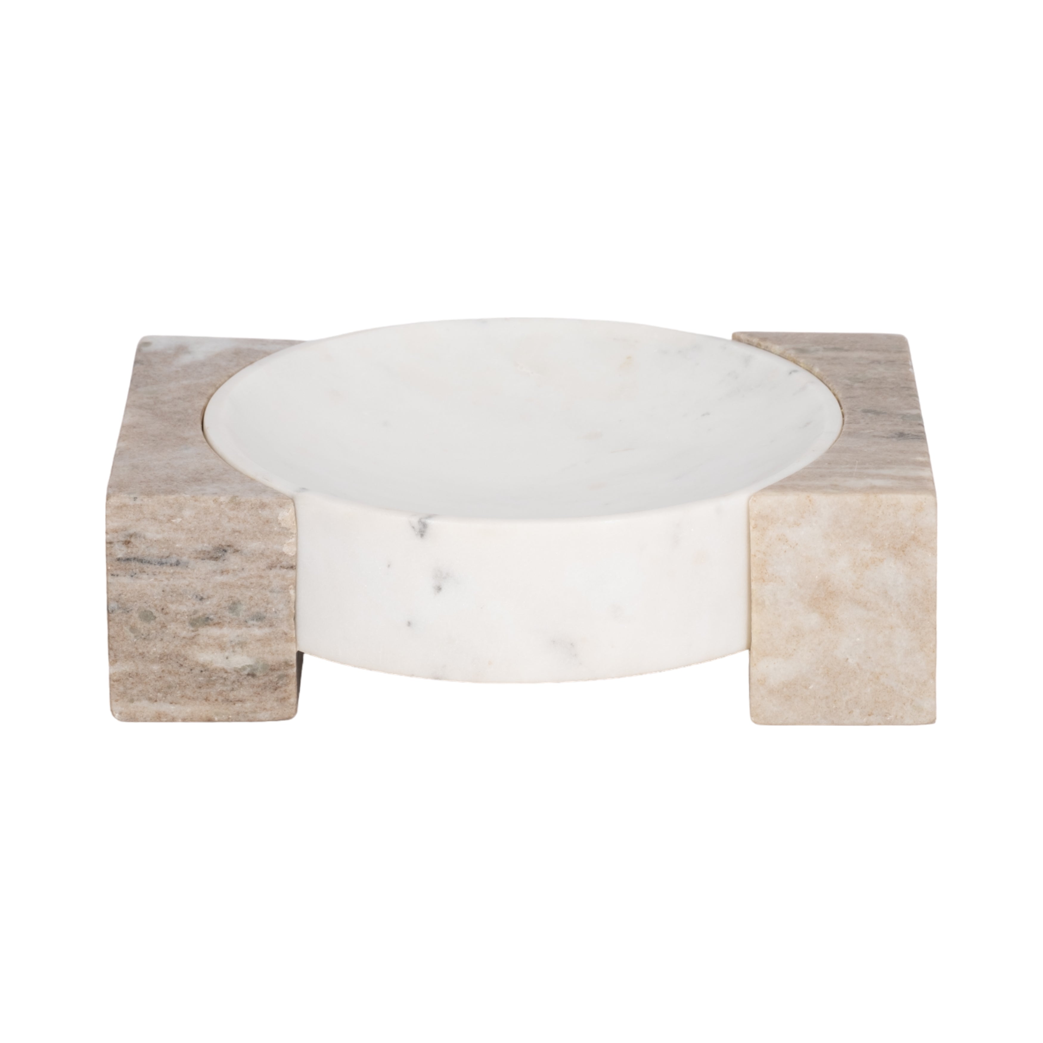 Bowl decorativo de mármol bicolor en tonos blanco y beige claro, con diseño geométrico y elegante.