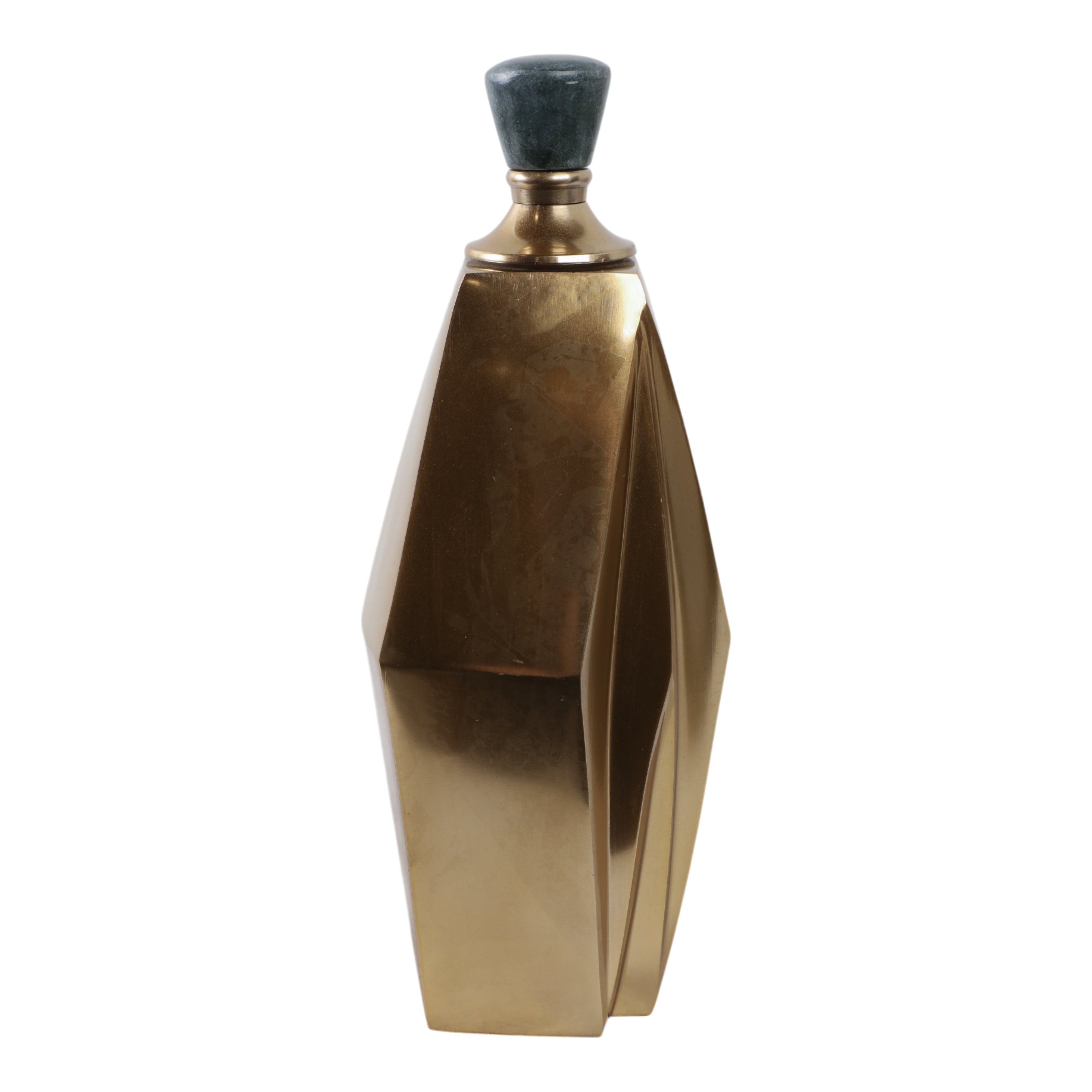 Botella decorativa de lujo geométrica dorada con tapa verde, diseño facetado lateral.