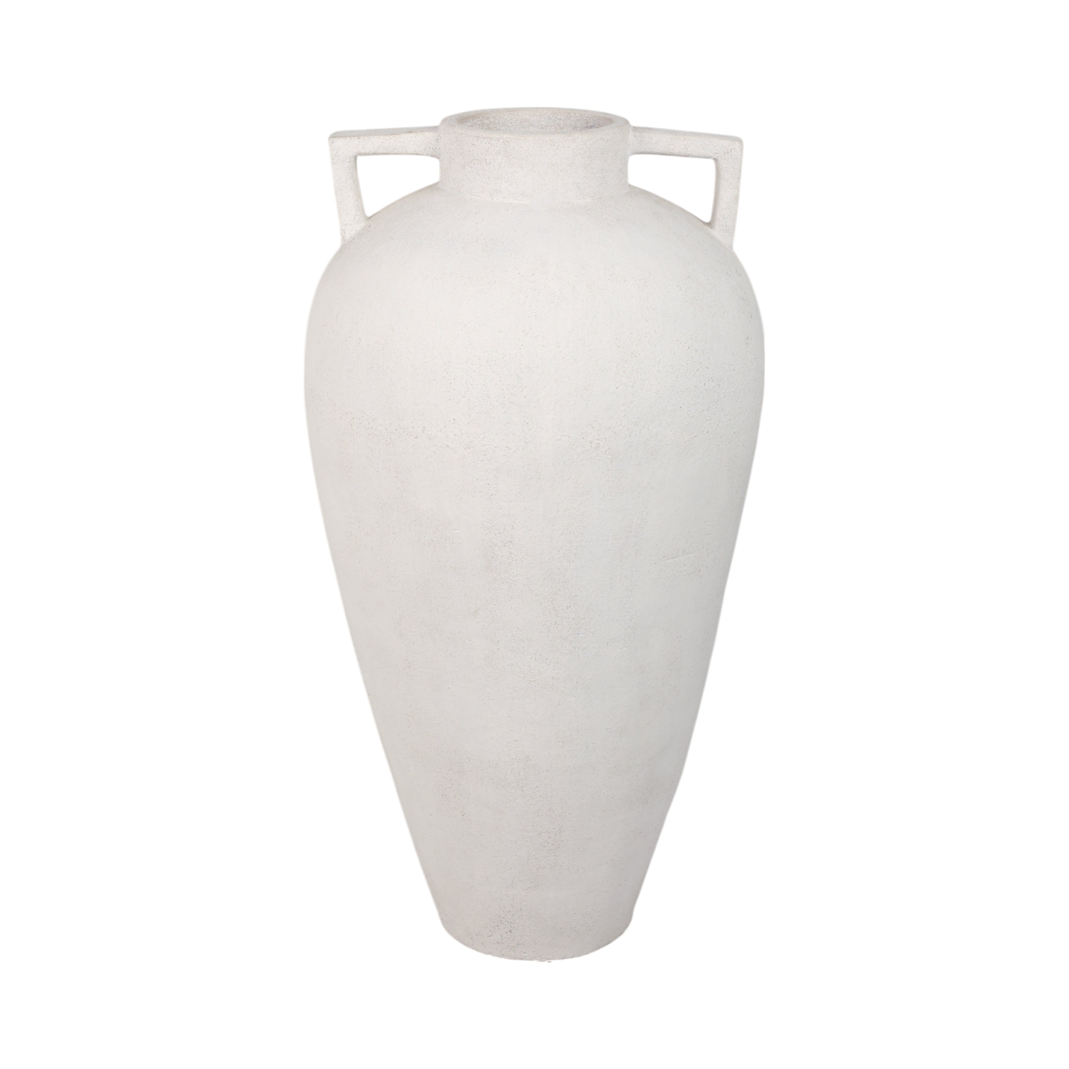 Jarrón de piso grande blanco texturizado con asas cuadradas sobre fondo blanco.