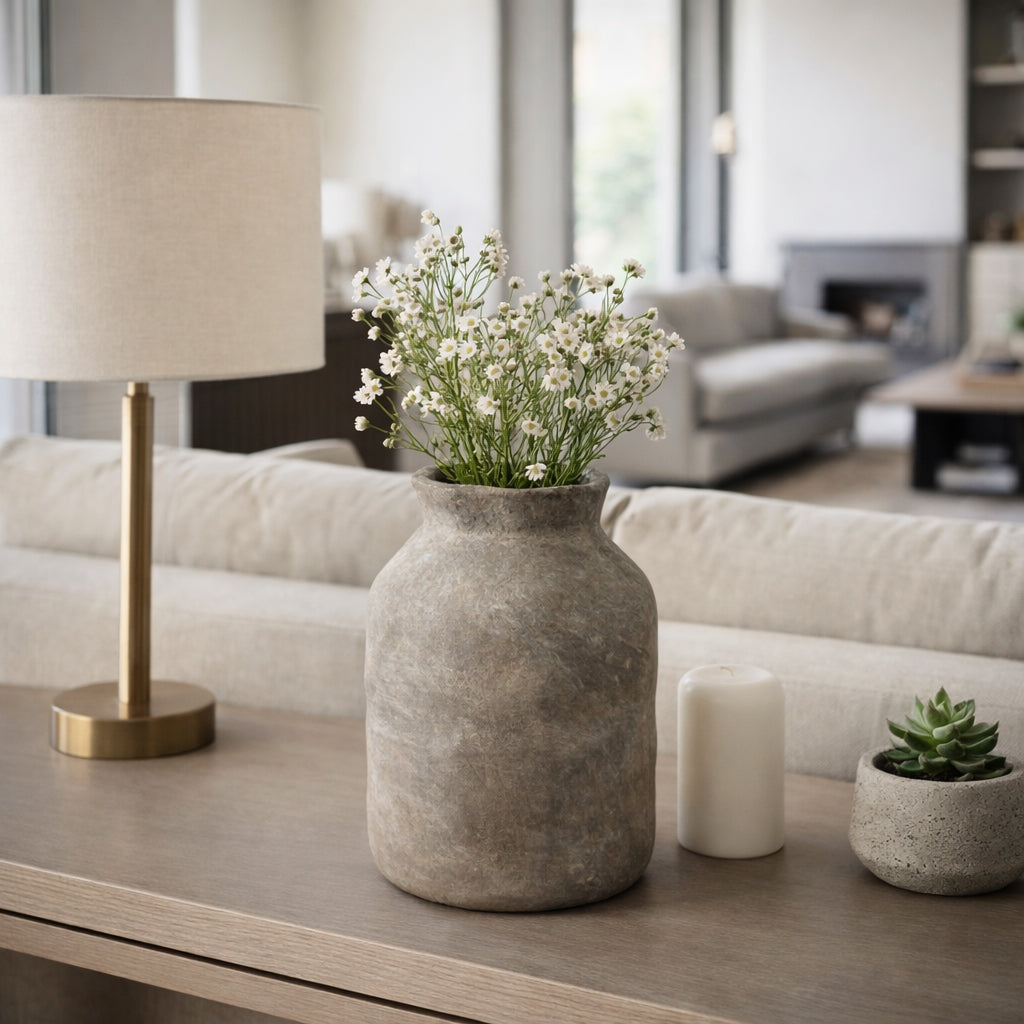 Jarrón gris rústico con un ramo de flores blancas sobre una consola en una sala de estar elegante.