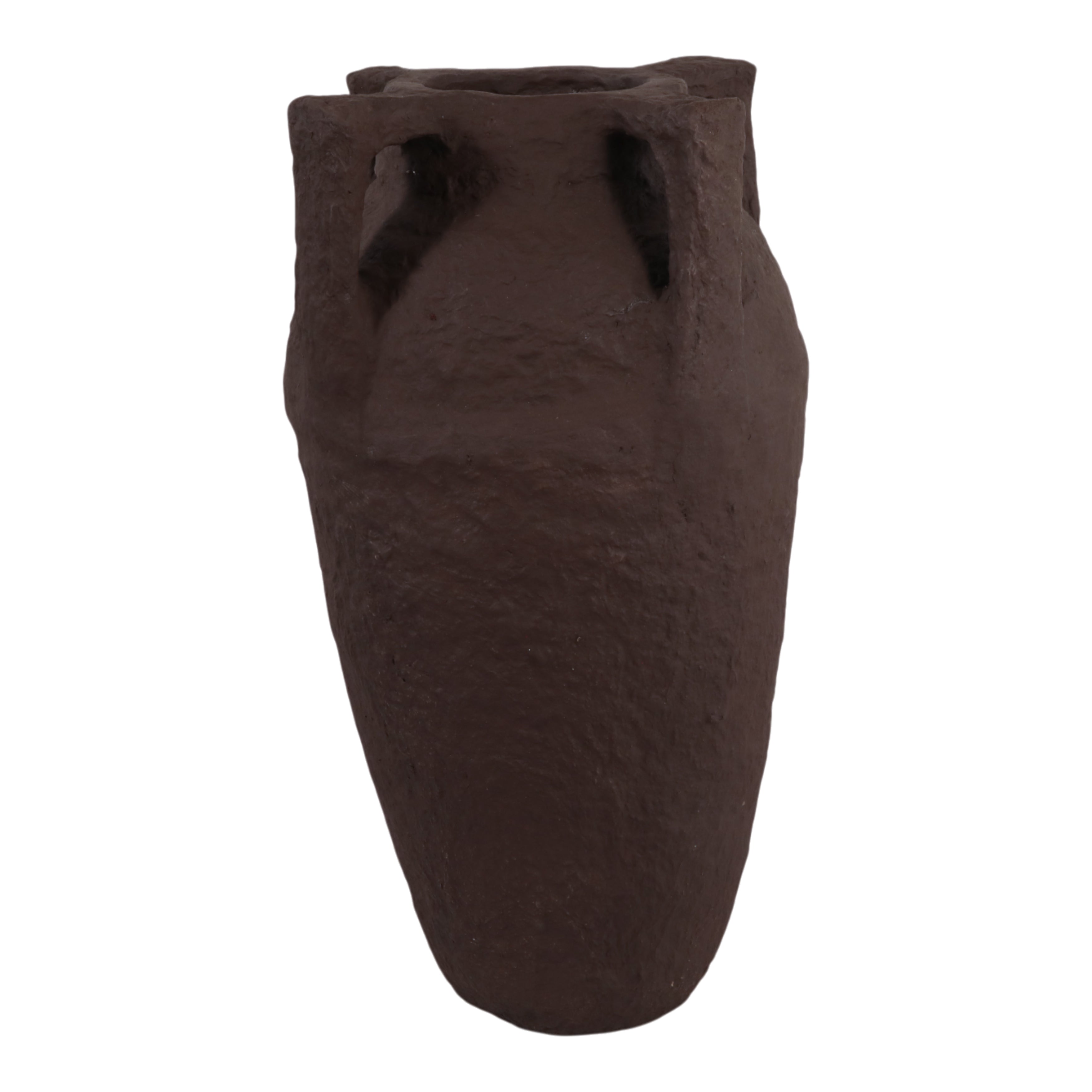 Jarrón decorativo grande rústico en tono marrón oscuro con textura artesanal para interiores elegantes.