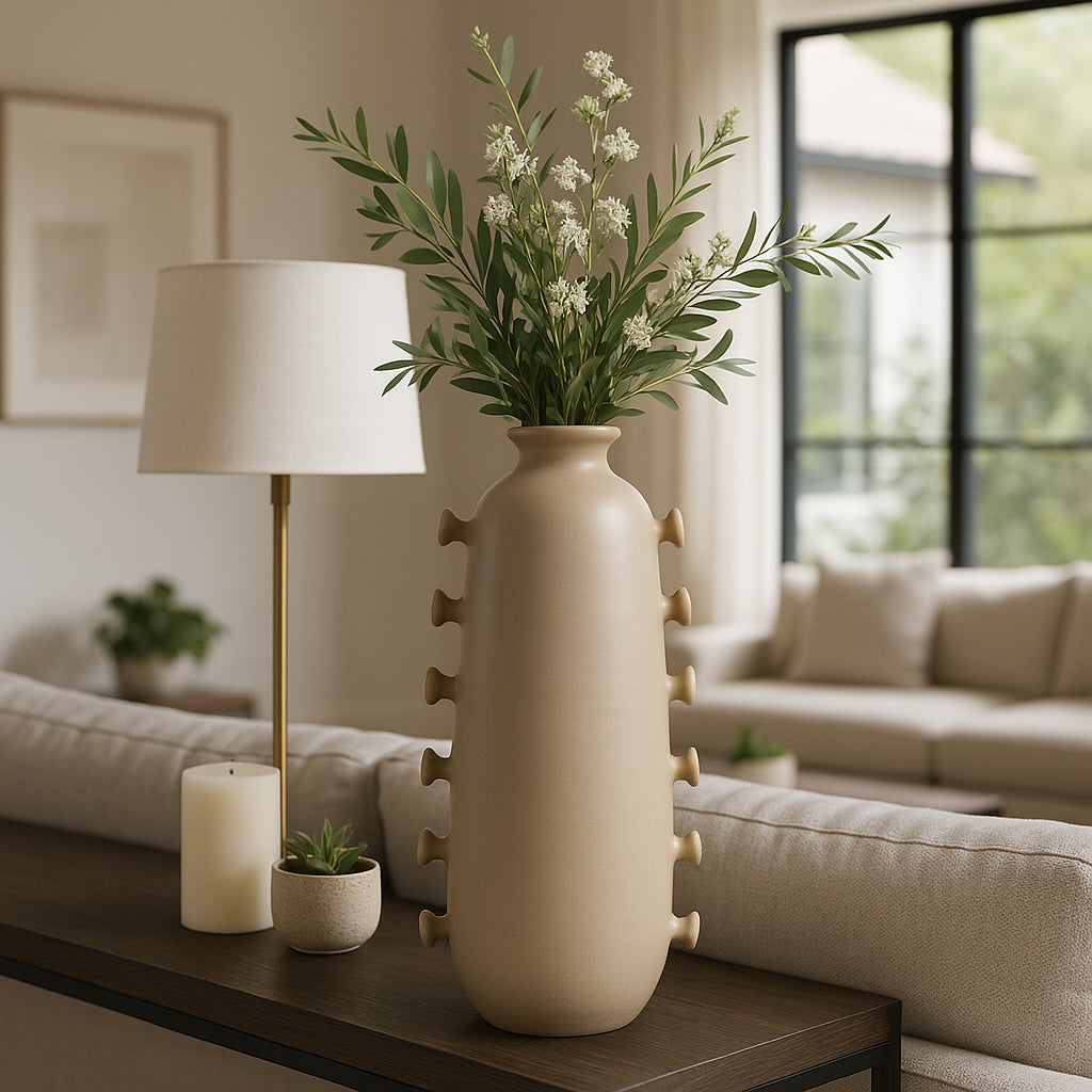 Jarrón decorativo beige con relieves, plantas y flores en sala de estar moderna con sofá.