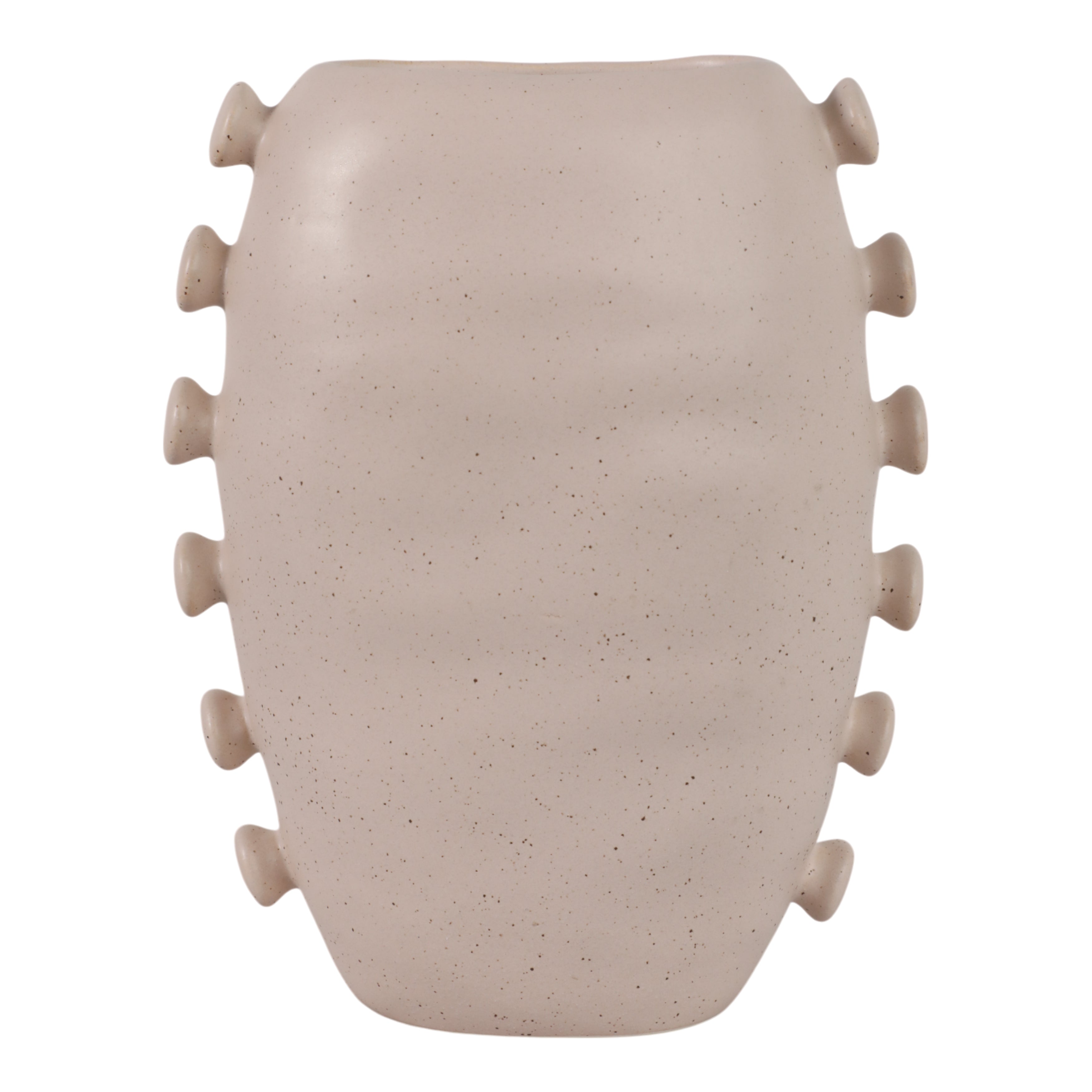 Jarrón cerámico decorativo beige con textura estriada y acabado natural, vista frontal detallada.