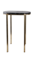 Mesa auxiliar de lujo con cubierta oscura tipo piedra y patas delgadas de metal dorado, ideal para decoración moderna.