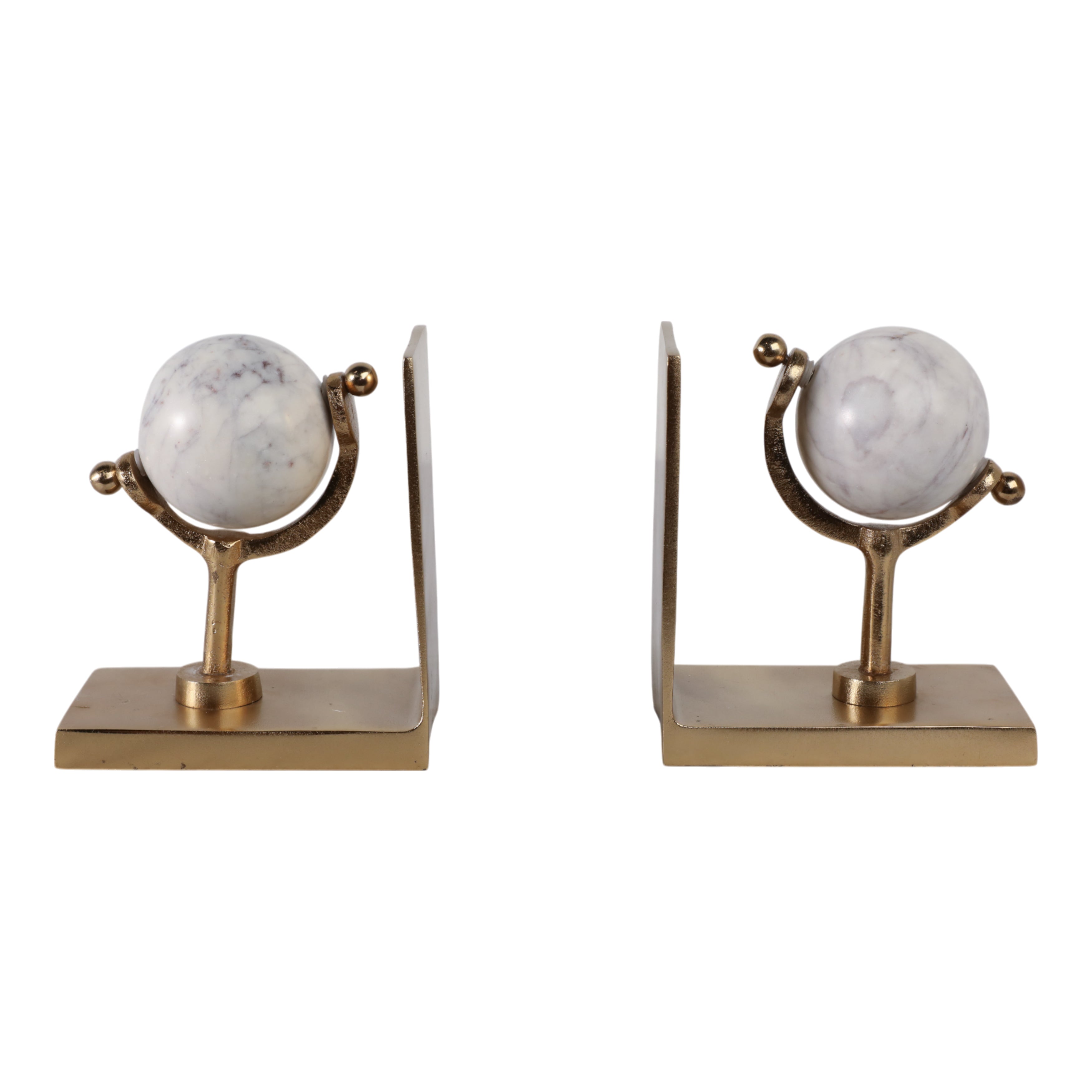 Par de sujetalibros de mármol blanco con vetas y metal dorado, diseño moderno y elegante.