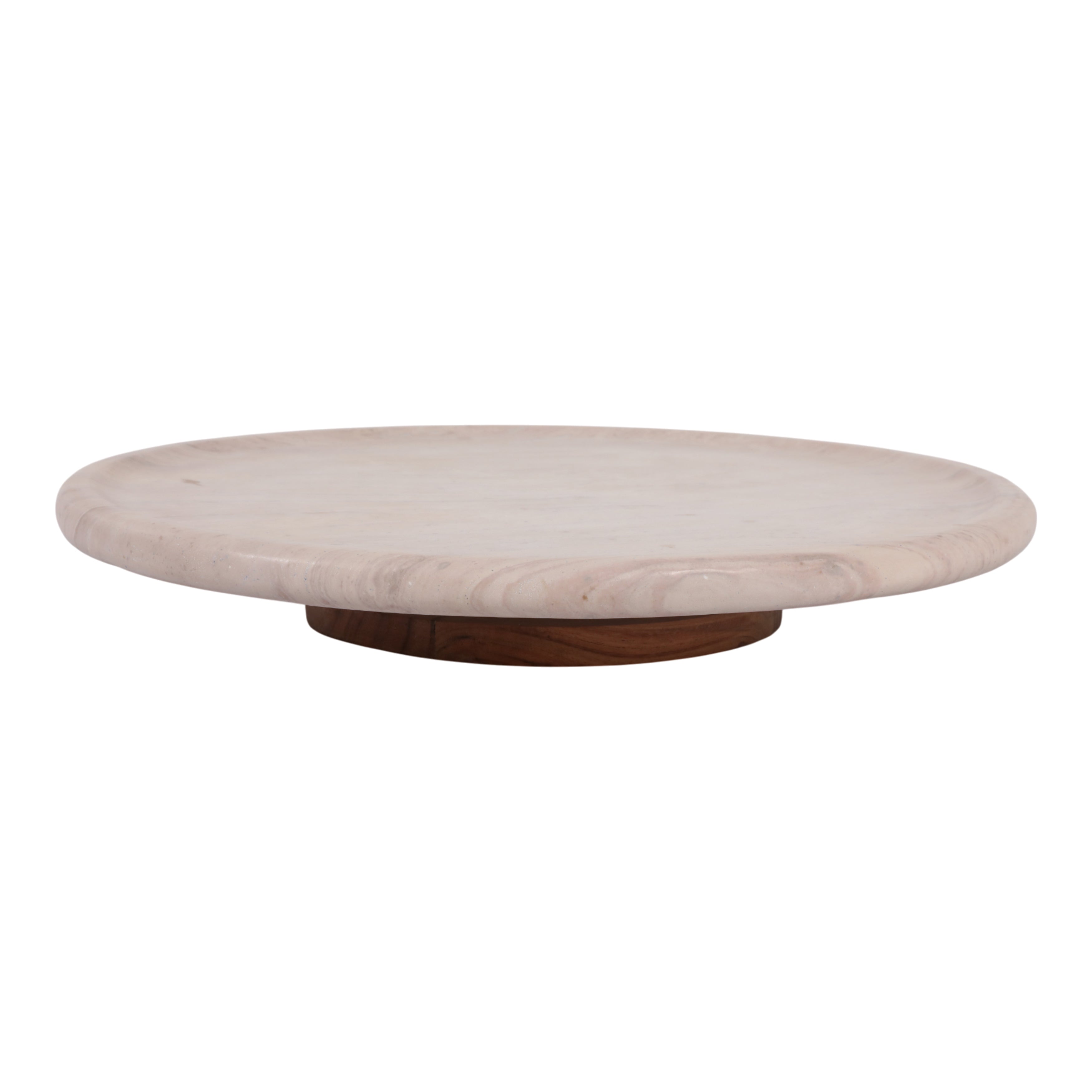 Bandeja giratoria decorativa de madera bicolor con base oscura y superficie clara, vista frontal.