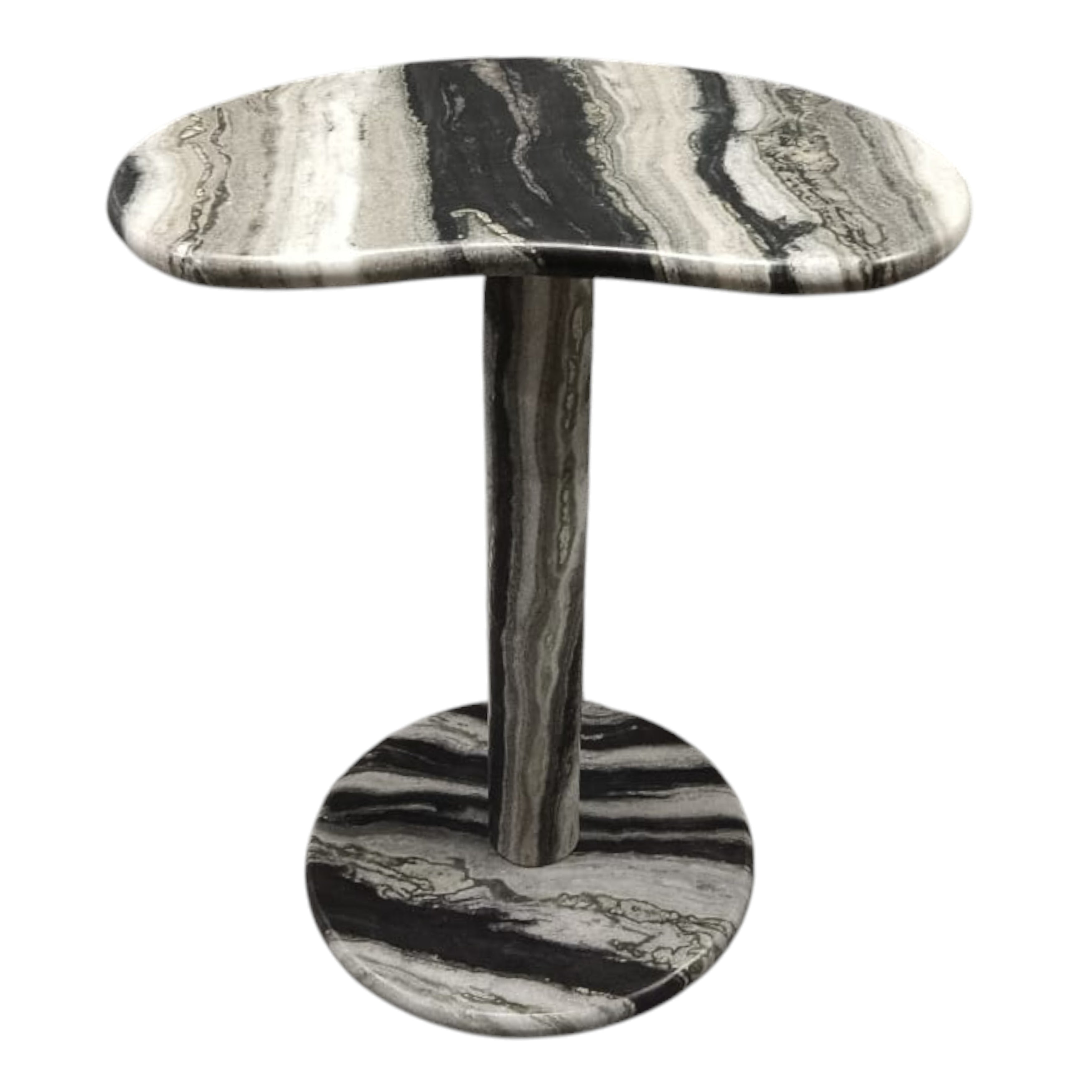Mesa auxiliar de diseño exclusivo en patrón de piedra blanco y negro con base redonda y tope ondulado.