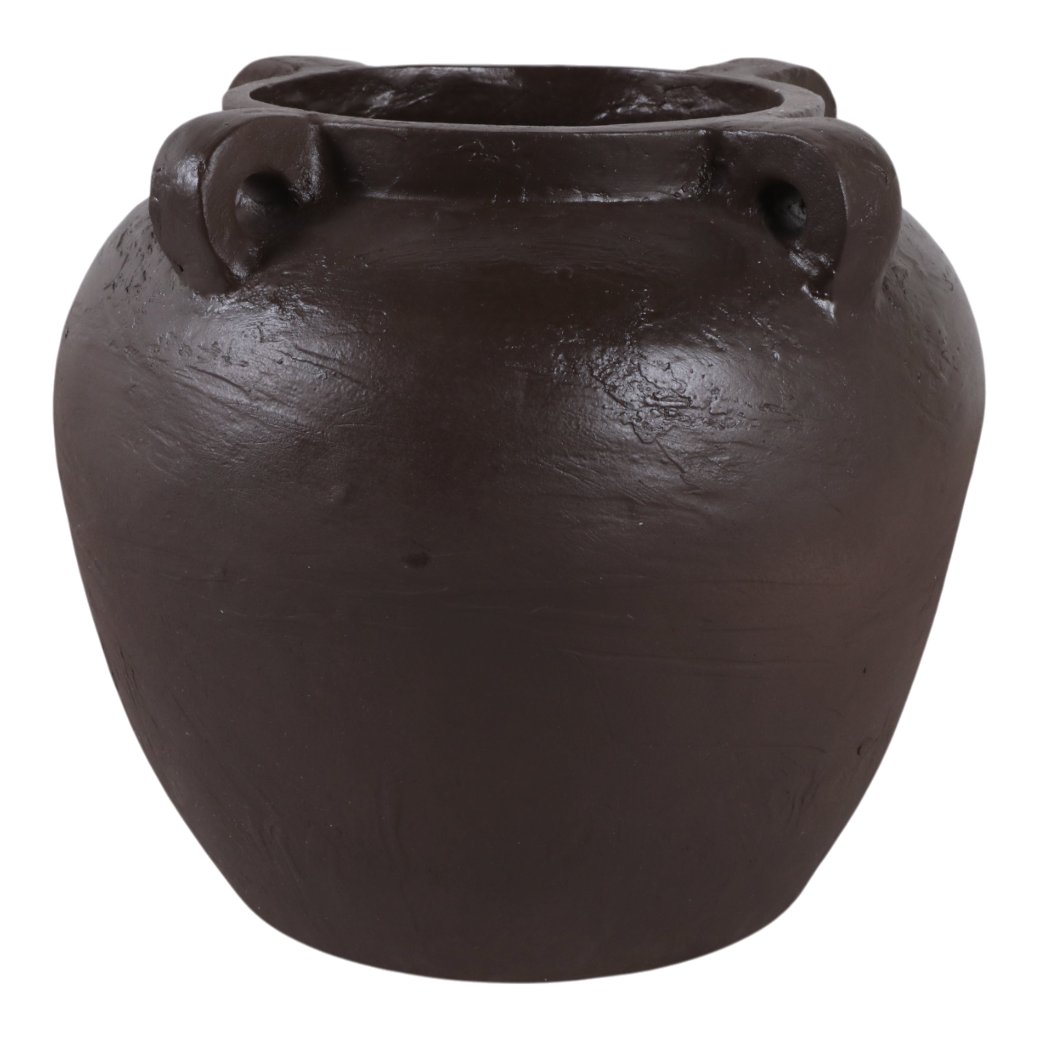 Jarrón decorativo marrón oscuro con textura y asas, sobre fondo blanco.