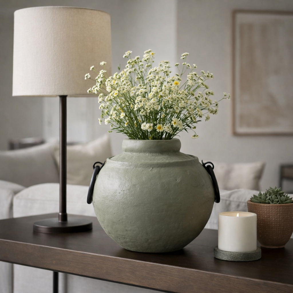 Jarrón esférico verde oliva con flores blancas sobre mesa de madera oscura en una sala de estar moderna y elegante.
