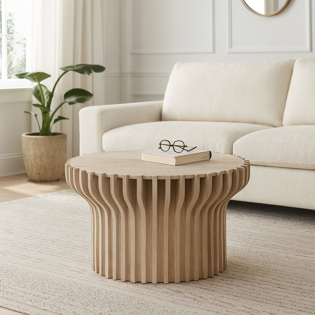 Mesa de centro moderna de madera clara en sala elegante con sofá y planta.
