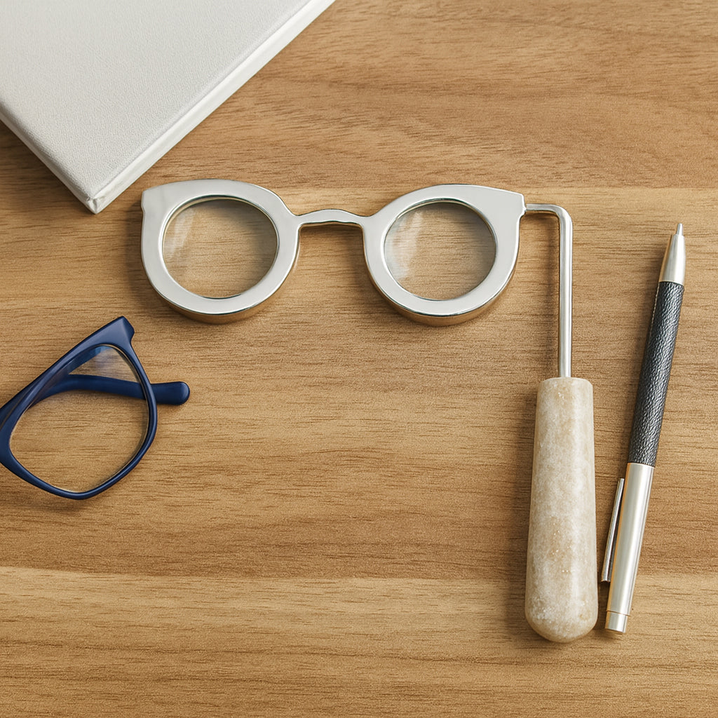 Lupa de diseño elegante en un escritorio de madera, junto a gafas y bolígrafo, mostrando su uso y estilo decorativo.
