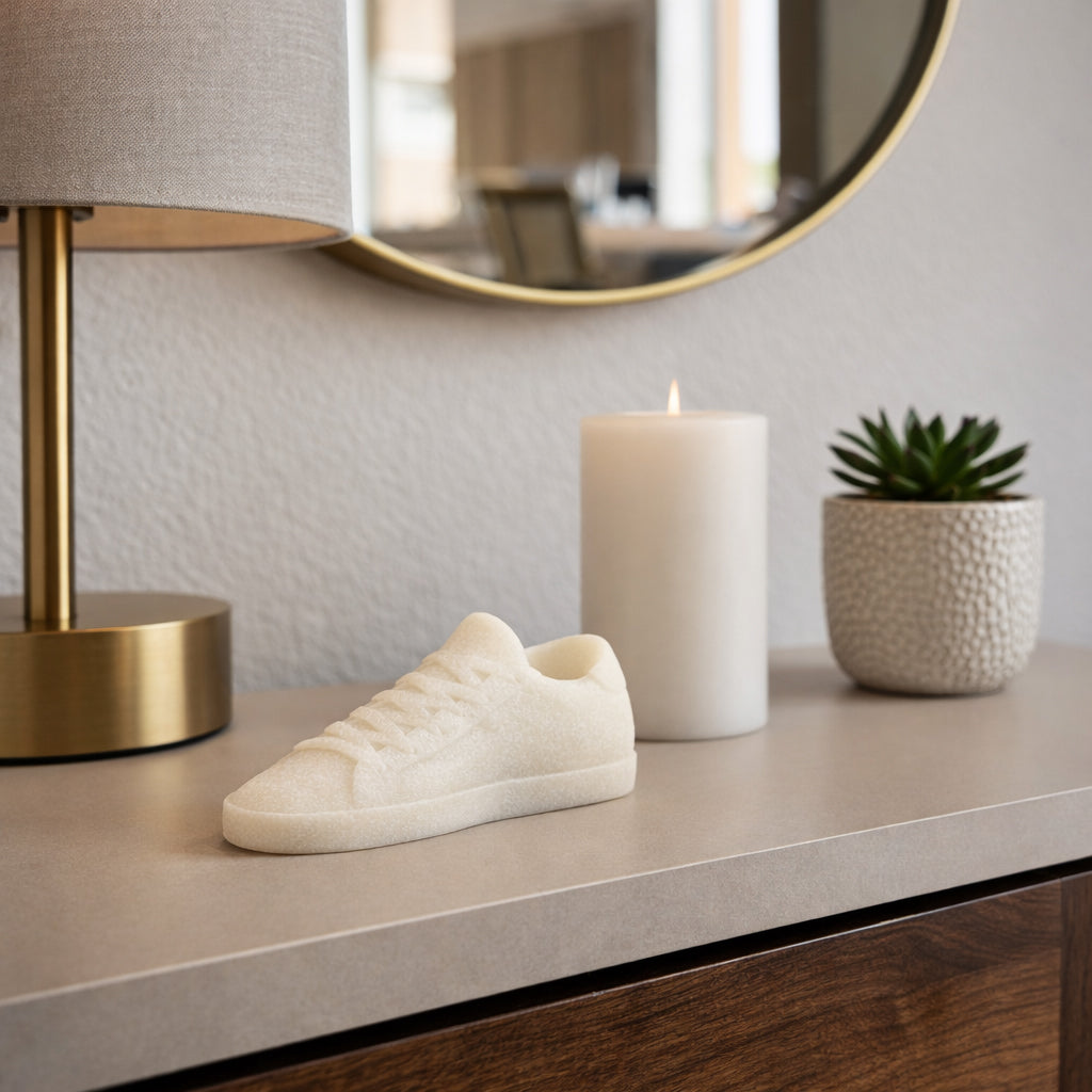 Adorno de zapatilla blanca en mesa auxiliar, ideal para un estilo moderno y elegante en el hogar.