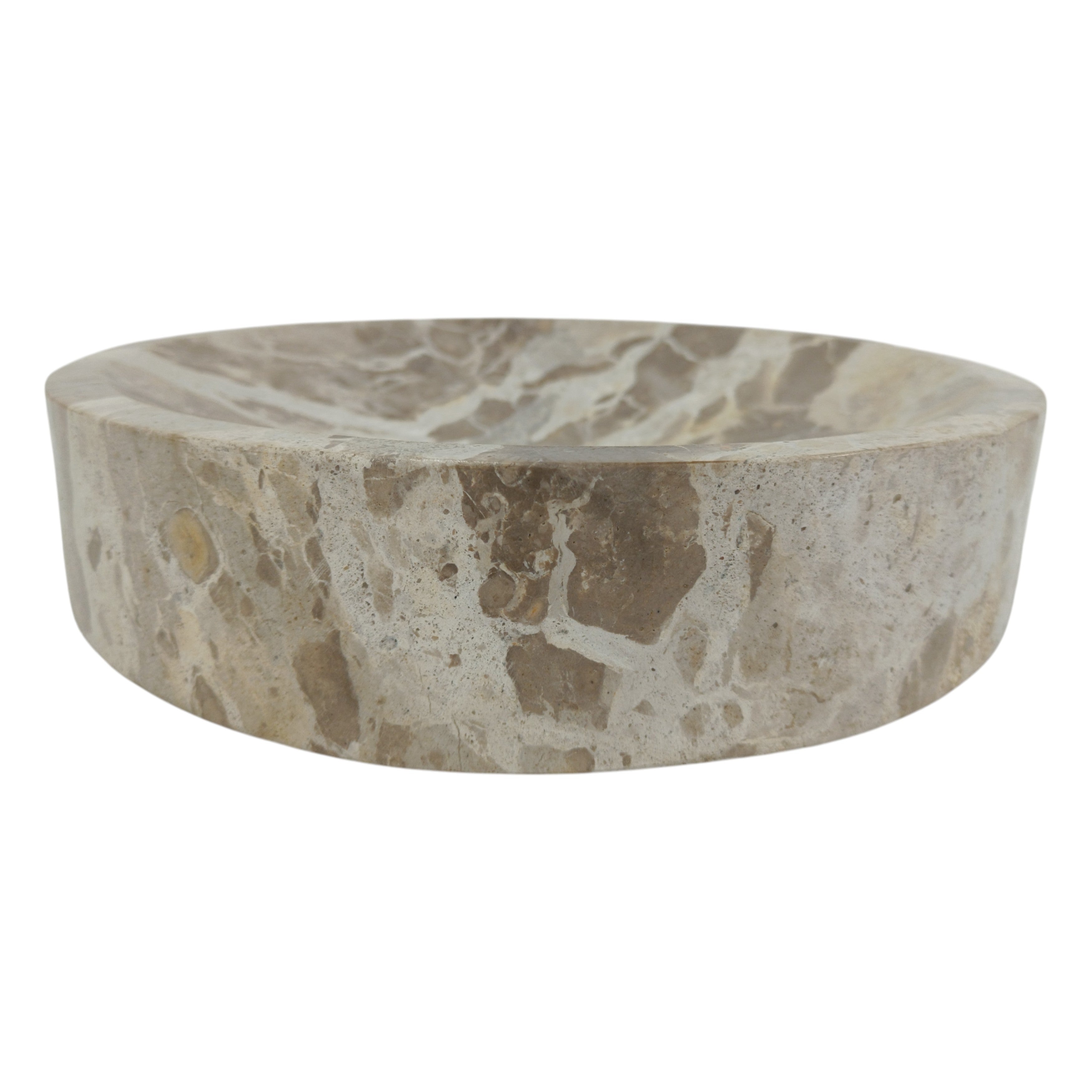 Bowl de piedra natural veteada, vista lateral mostrando su forma y textura gruesa para un diseño exclusivo.
