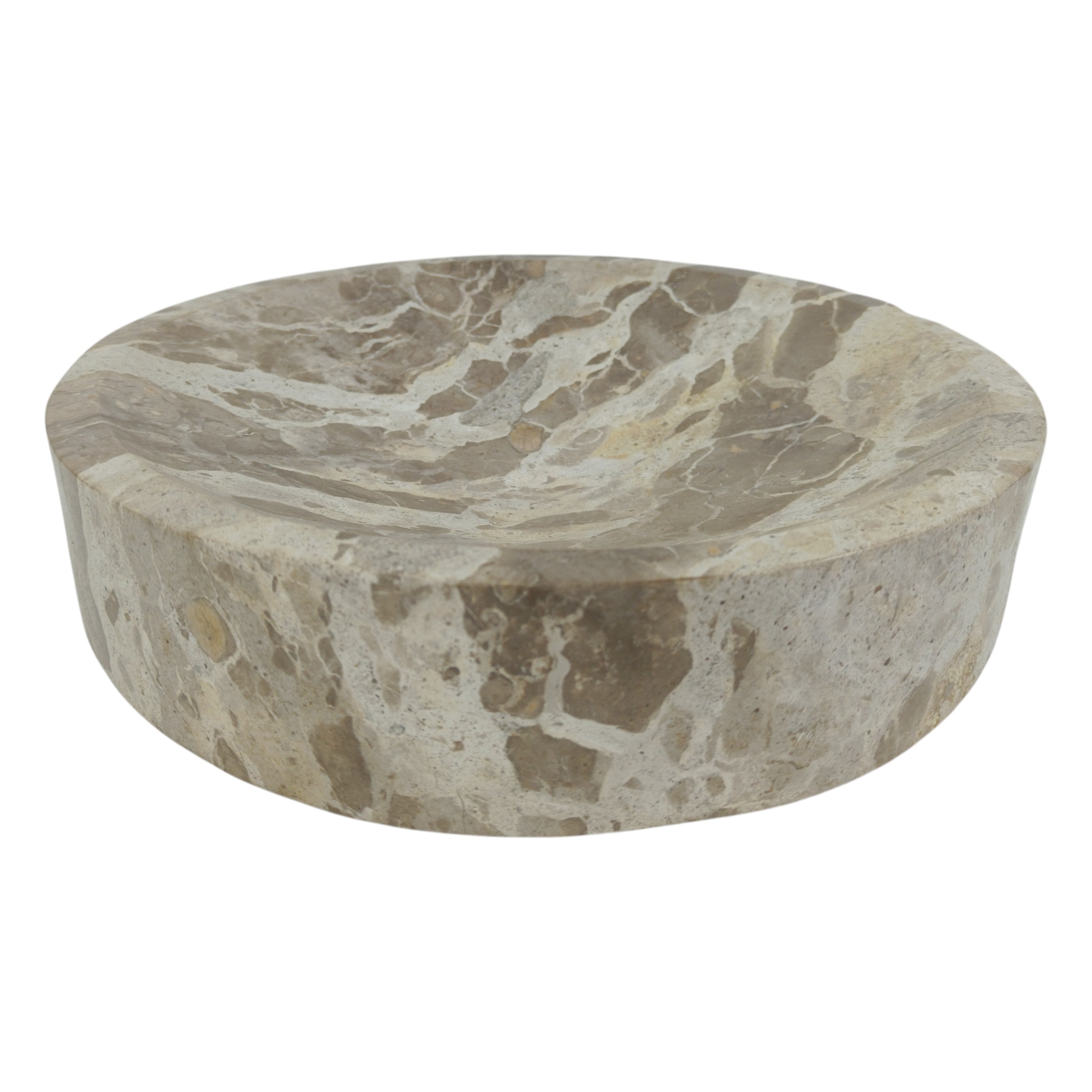 Cuenco decorativo de mármol natural con patrón veteado, vista superior frontal para decoración de lujo.