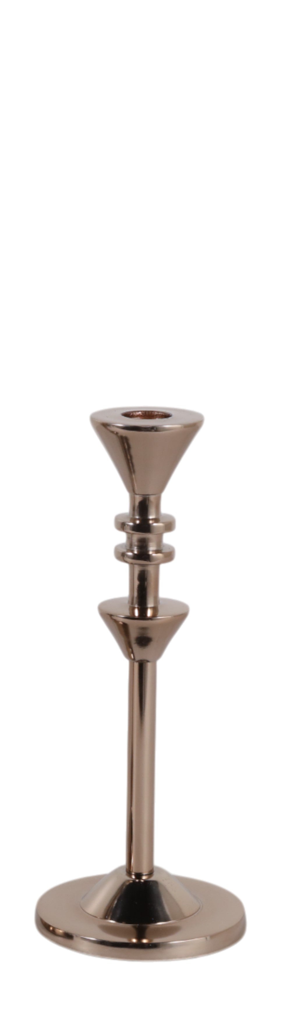 Candelabro pequeño moderno de metal plateado, diseño cónico con detalles anillados, para decoración de lujo.