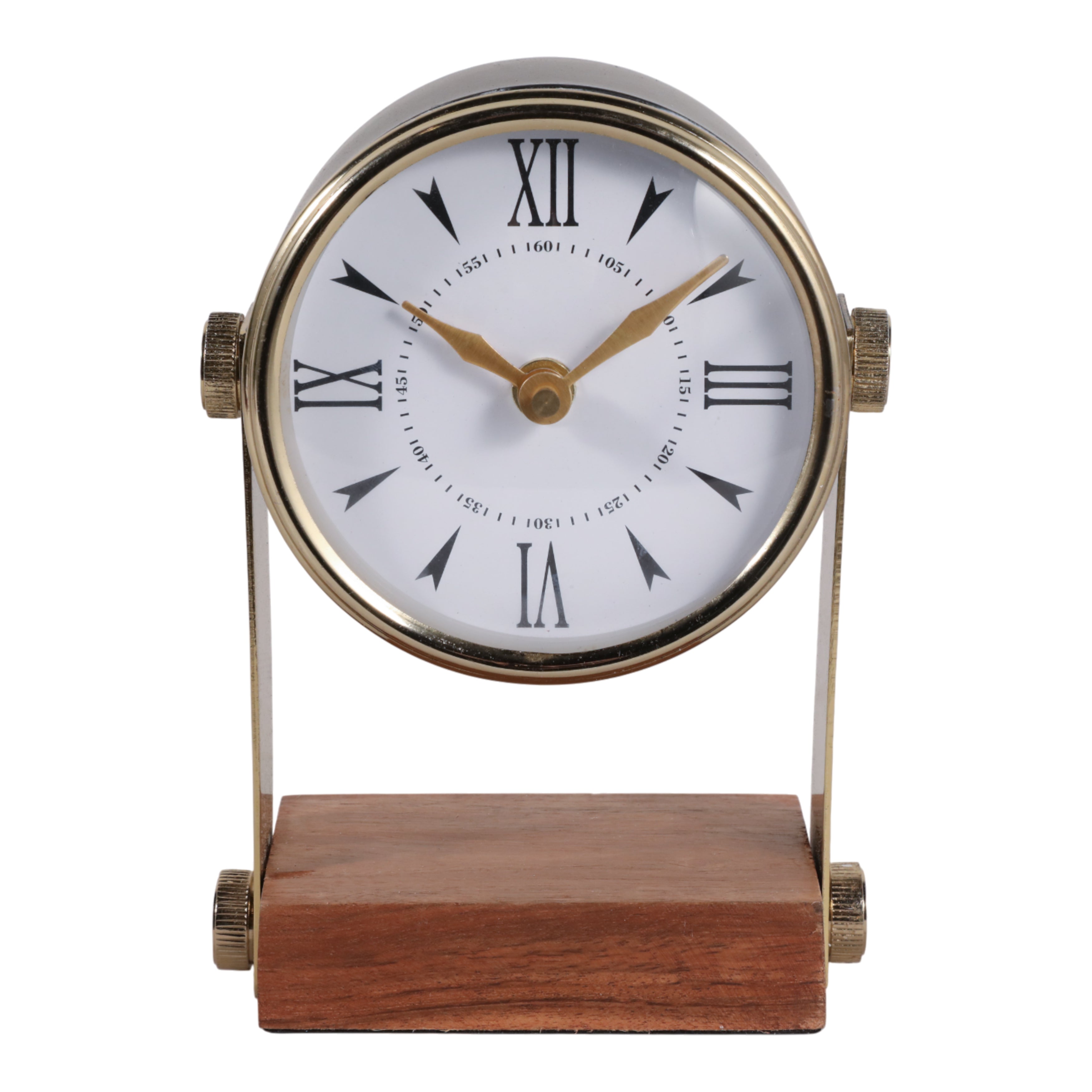 Reloj de mesa con diseño clásico, números romanos, estructura metálica dorada y base de madera oscura.