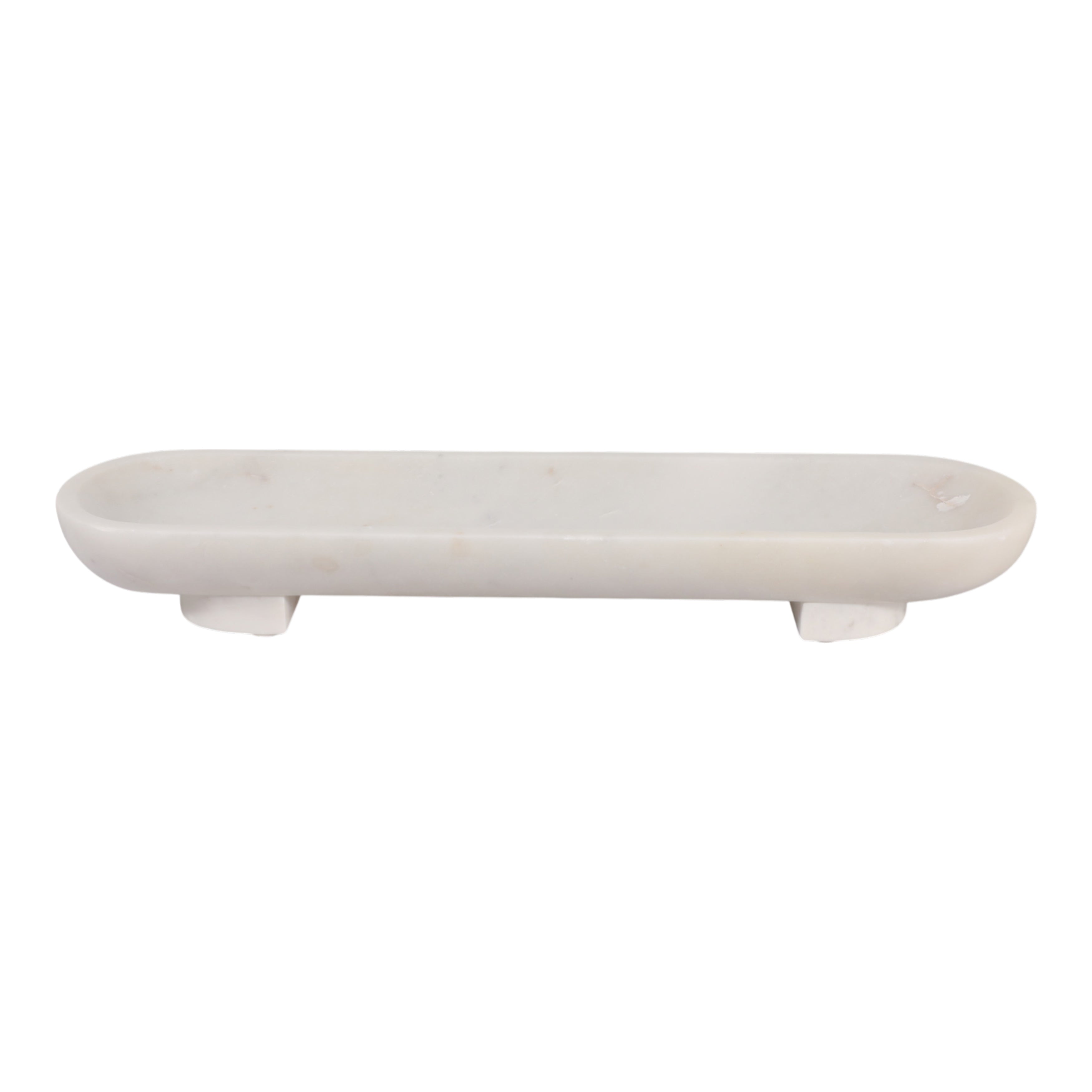 Bandeja decorativa alargada de mármol blanco con base elevada, vista frontal.