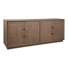 Aparador buffet moderno de madera clara, 4 puertas con cuadrícula, herrajes oscuros, para salón o comedor.