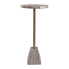 Mesa auxiliar moderna con tope de piedra natural veteada y base de mármol con pedestal de latón.