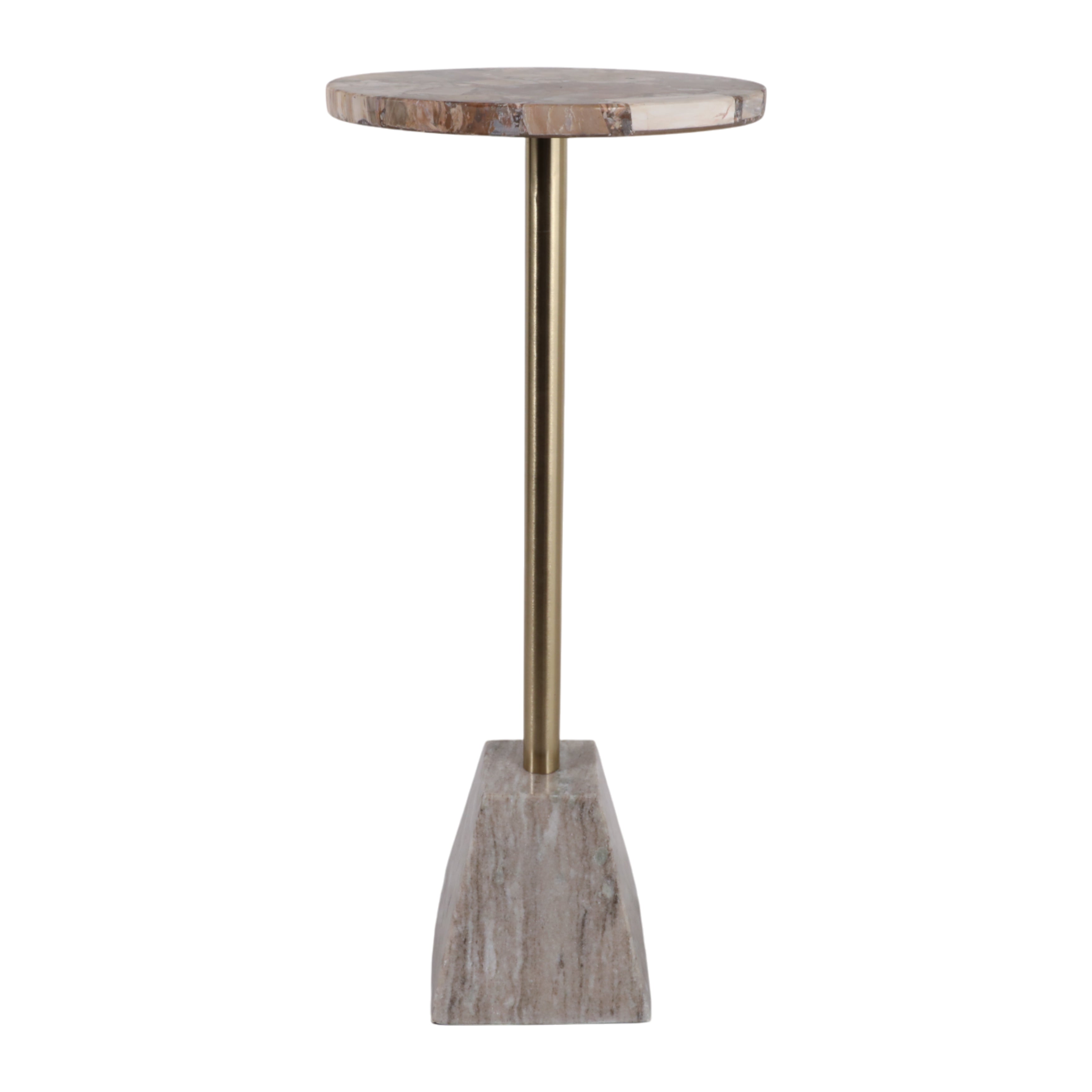 Mesa auxiliar moderna con tope de piedra natural veteada y base de mármol con pedestal de latón.
