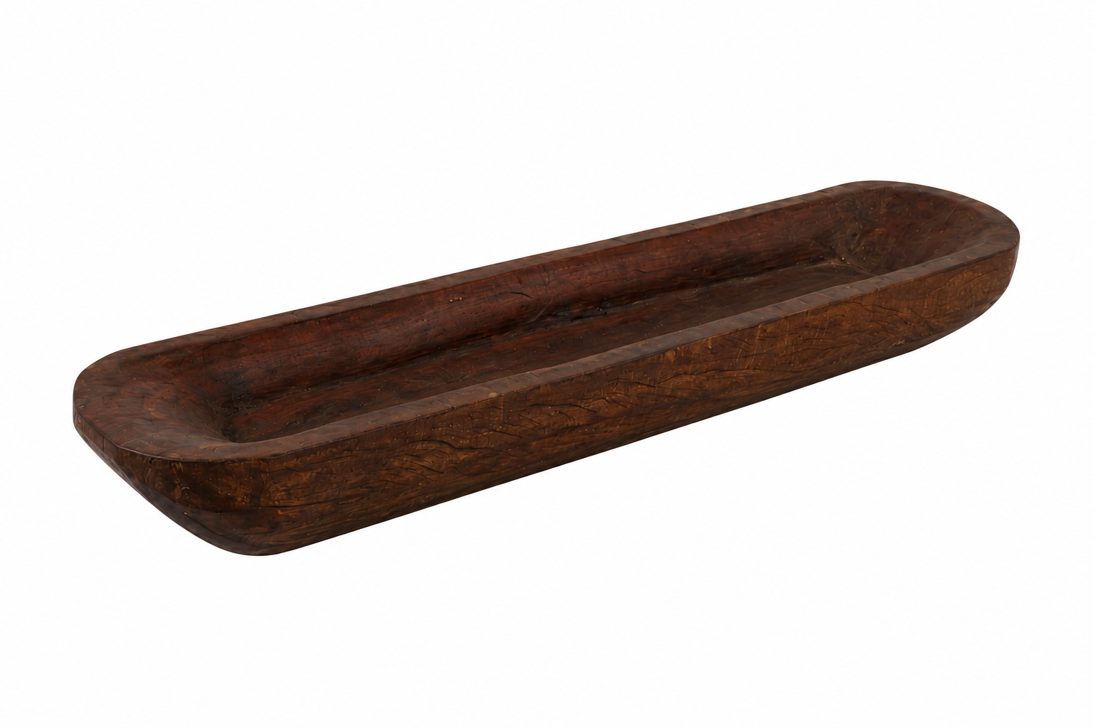 Bandeja decorativa de madera rústica alargada, tono oscuro, vista frontal en blanco.