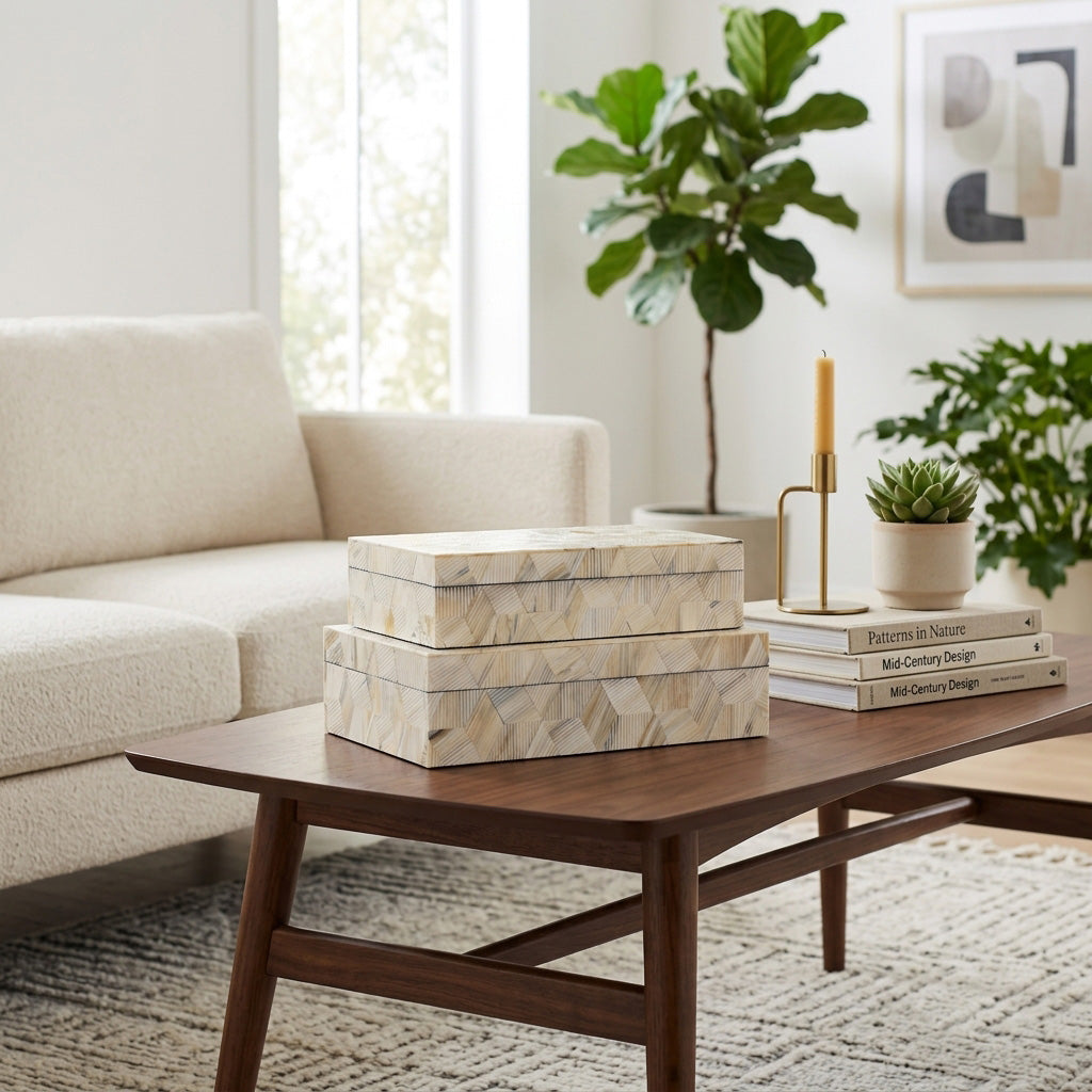 Set de cofres decorativos sobre mesa de centro, realzando la estética de una sala moderna.
