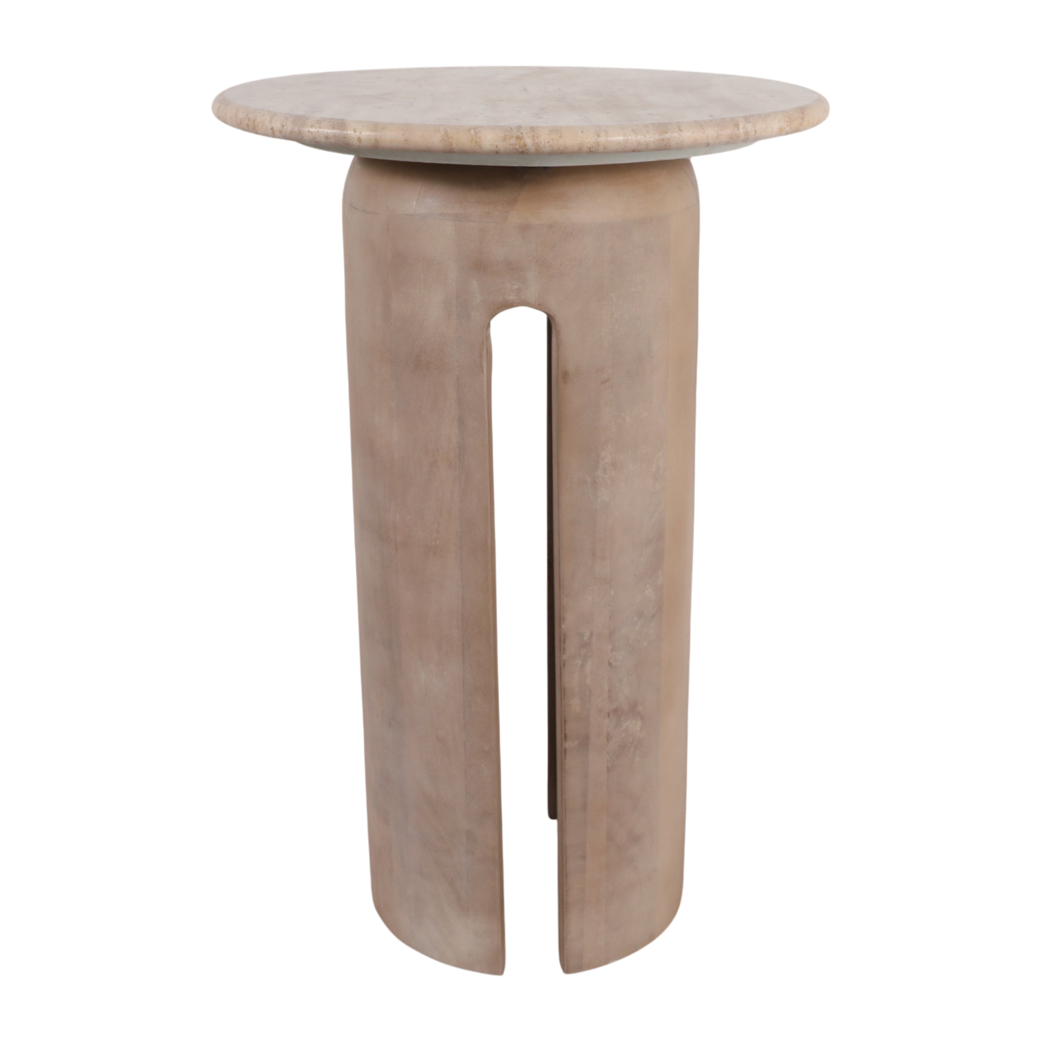 Mesa auxiliar redonda moderna de diseño escultural con abertura vertical, tono neutro claro