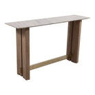 Consola elegante de mármol y madera natural, con detalle de latón dorado, vista lateral.