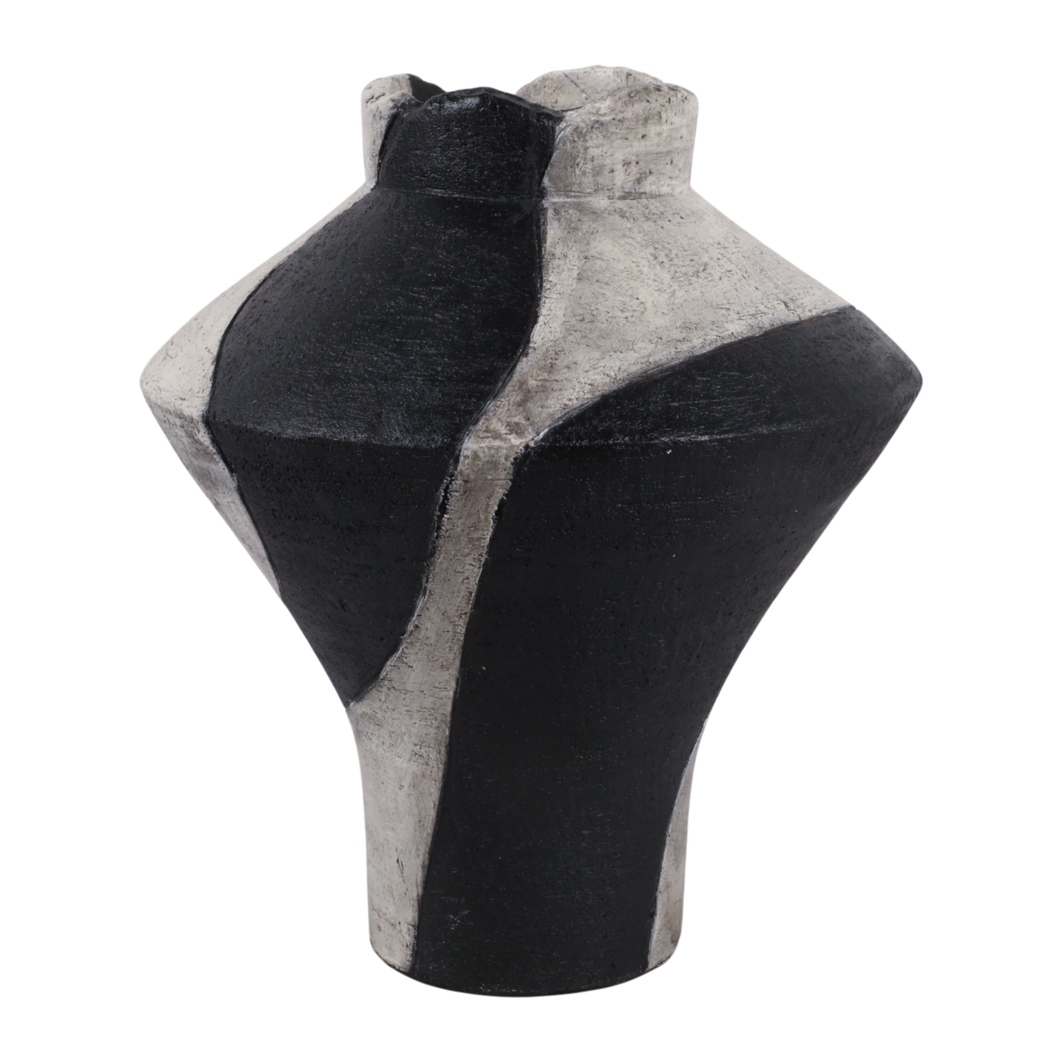 Jarrón decorativo escultórico abstracto bicolor negro y gris sobre fondo blanco.