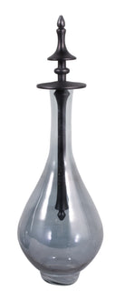 Botella decorativa grande de cristal gris ahumado con finial negro, estilo elegante y moderno para hogar.