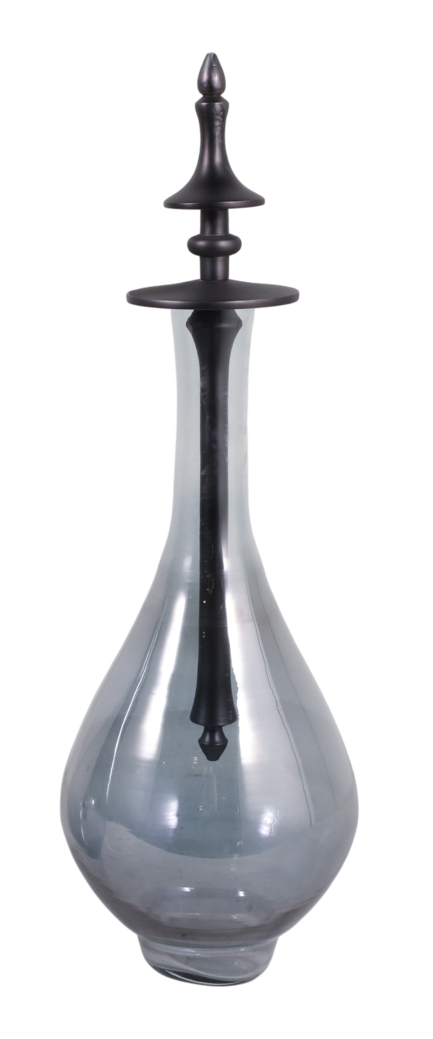 Botella decorativa grande de cristal gris ahumado con finial negro, estilo elegante y moderno para hogar.