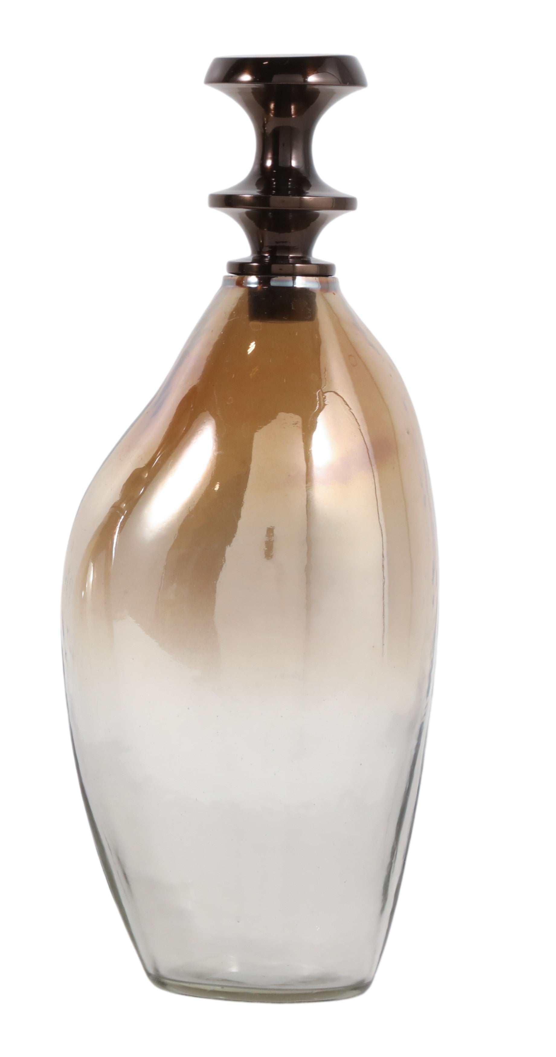 Botella decorativa de vidrio con degradado de color bronce a transparente y tapa metálica oscura.
