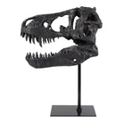 Escultura de cráneo de Tiranosaurio Rex negro sobre base elegante, vista frontal.