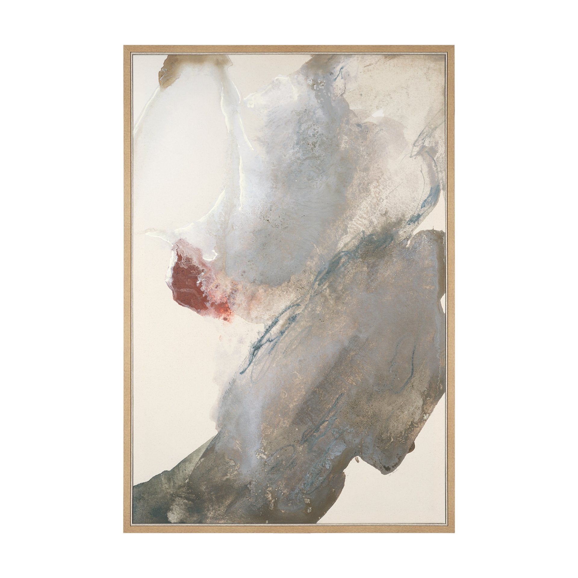 Cuadro de Vilá Decoración con obra de arte en lienzo enmarcada, embellecida a mano, con marco color madera clara y diseño abstracto en tonos grises, azules y toques de rojo.