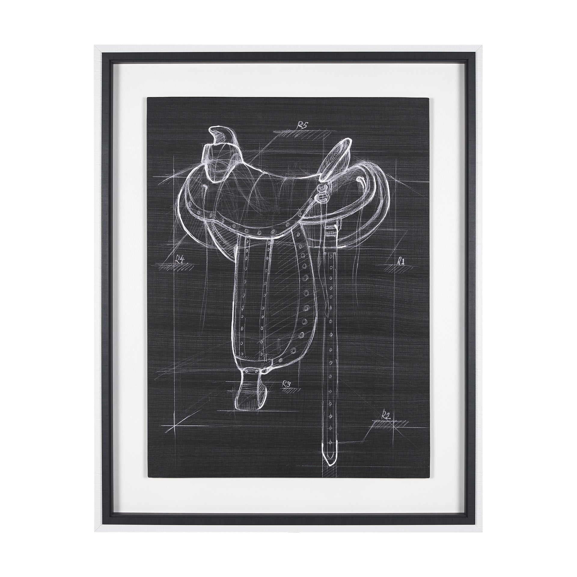 Vilá Decoración cuadro con impresión artística enmarcada texturizada, adornada a mano, con marco de poliresina y base de cartón, dibujo de montura de caballo en blanco y negro.