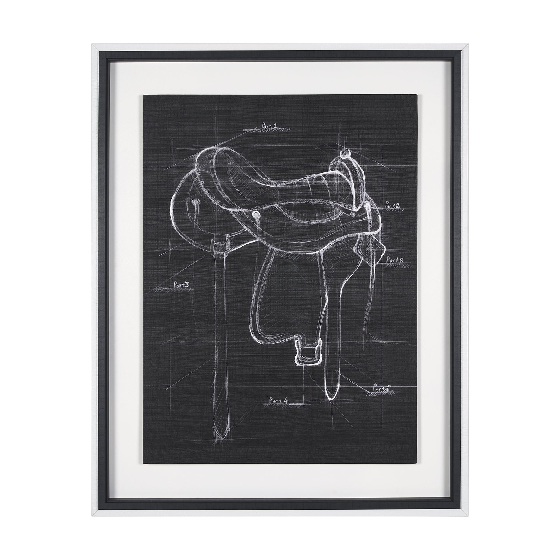 Cuadro de Vilá Decoración con impresión artística enmarcada texturizada, adornada a mano, que representa un boceto de silla de montar en tonos blanco y negro.