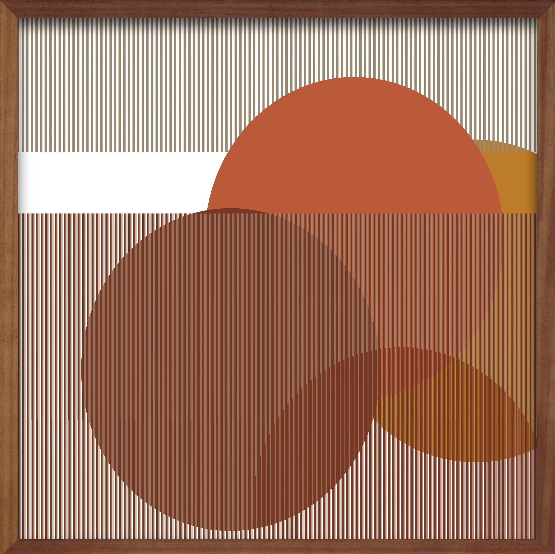 Cuadro de Vilá Decoración con marco de madera, diseño abstracto con círculos en tonos marrones y fondo de papel con líneas verticales.