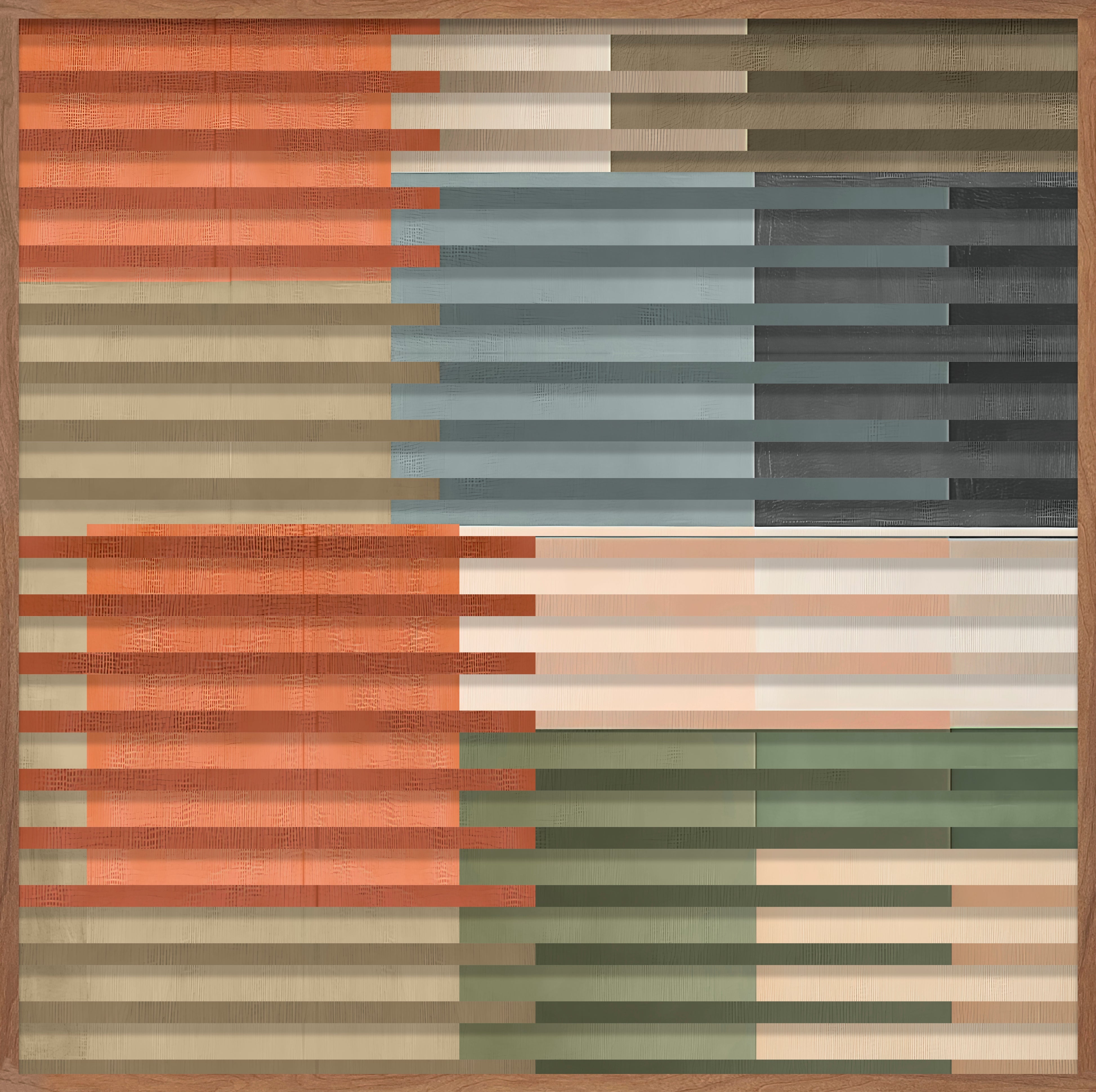 Cuadro Vilá Decoración con diseño abstracto de líneas horizontales en tonos naranja, beige, verde y gris, con marco de madera.
